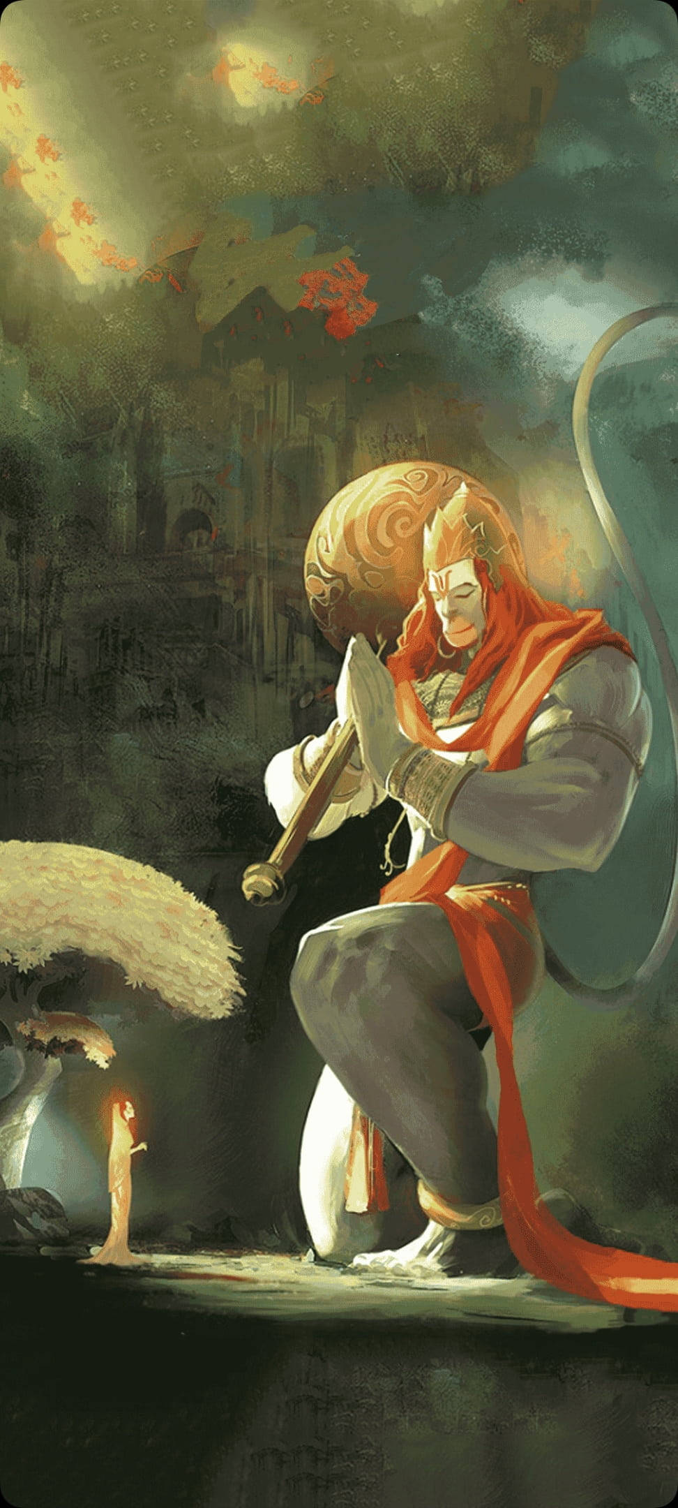 Hanuman, red robes, glowing candle, Full HD Phone Wallpaper