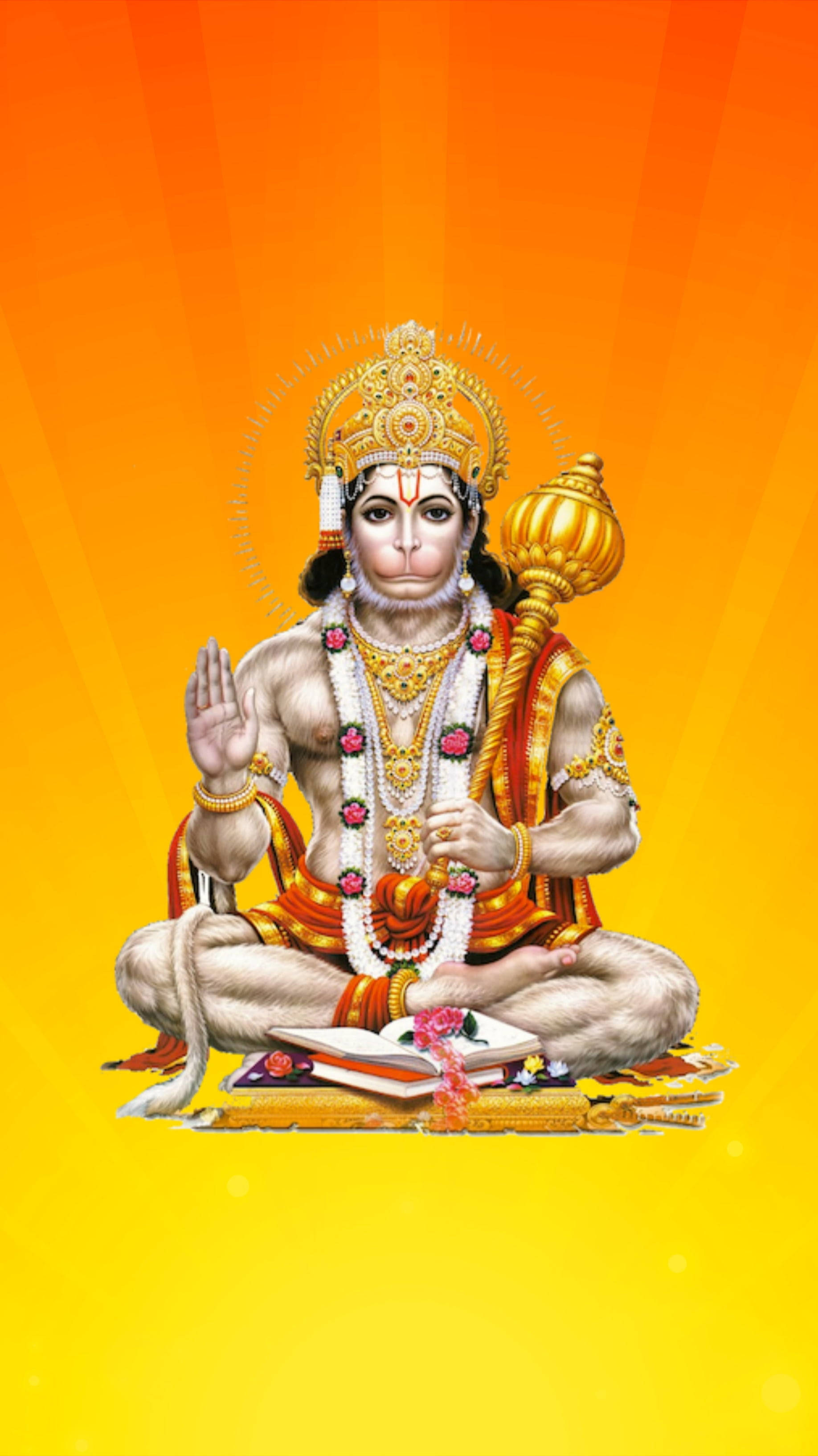 Hanuman, golden ornaments, floral garlands, 2K Phone Wallpaper