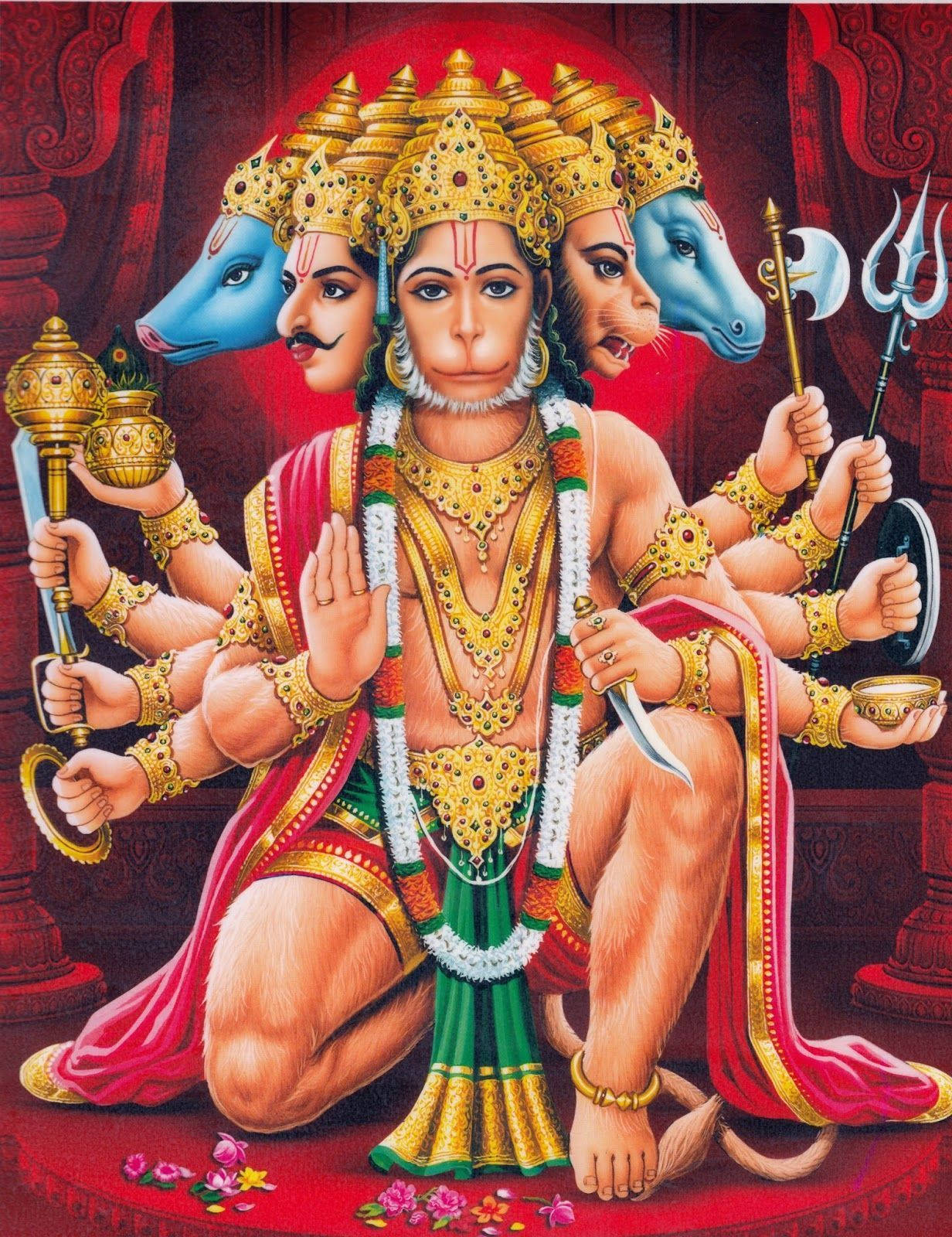 Hanuman Ji, blue monkey and human heads, gold jewelry, HD Phone Wallpaper