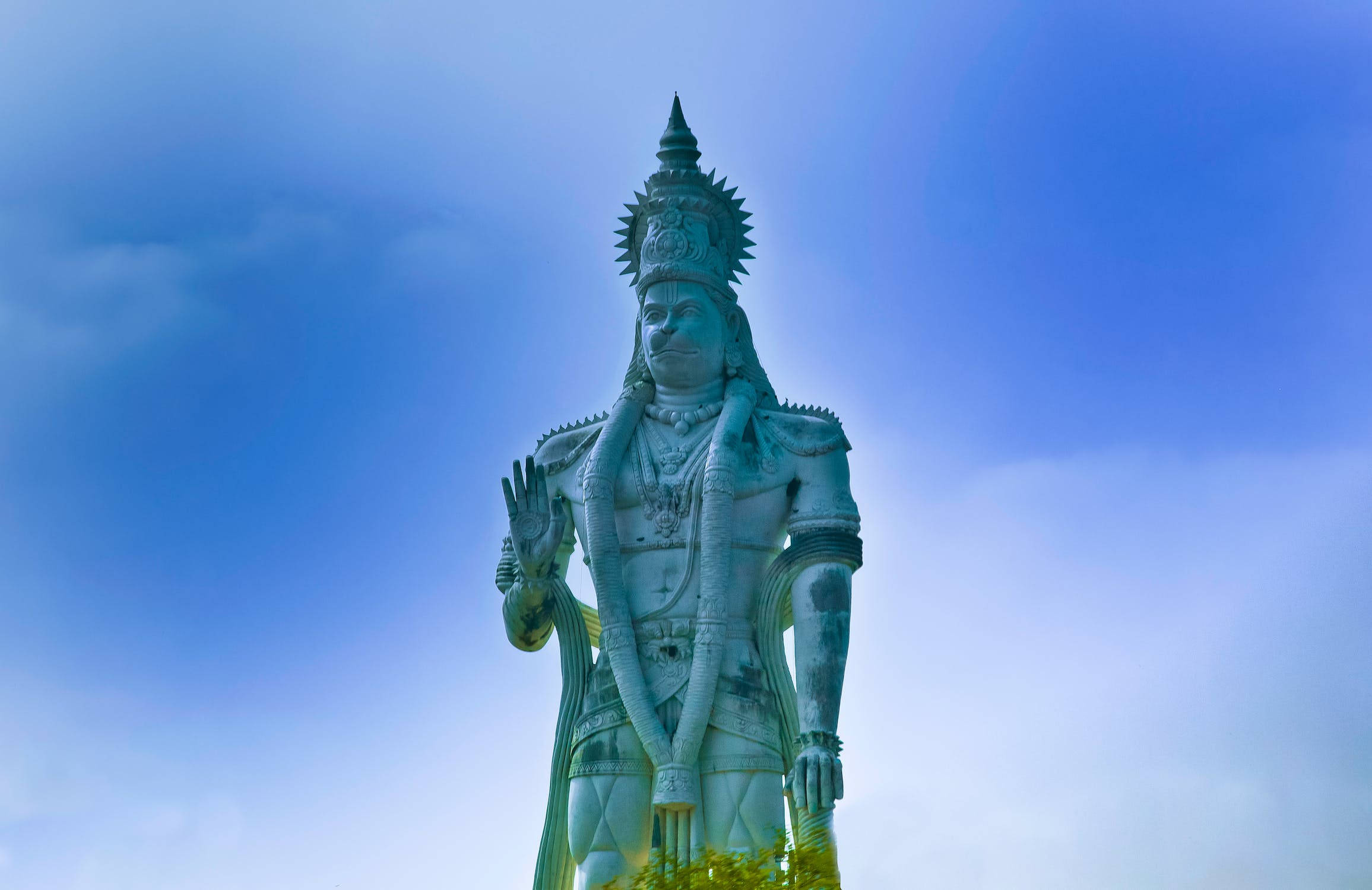 Green Hanuman, white statue, intricate crown, Full HD Desktop Wallpaper