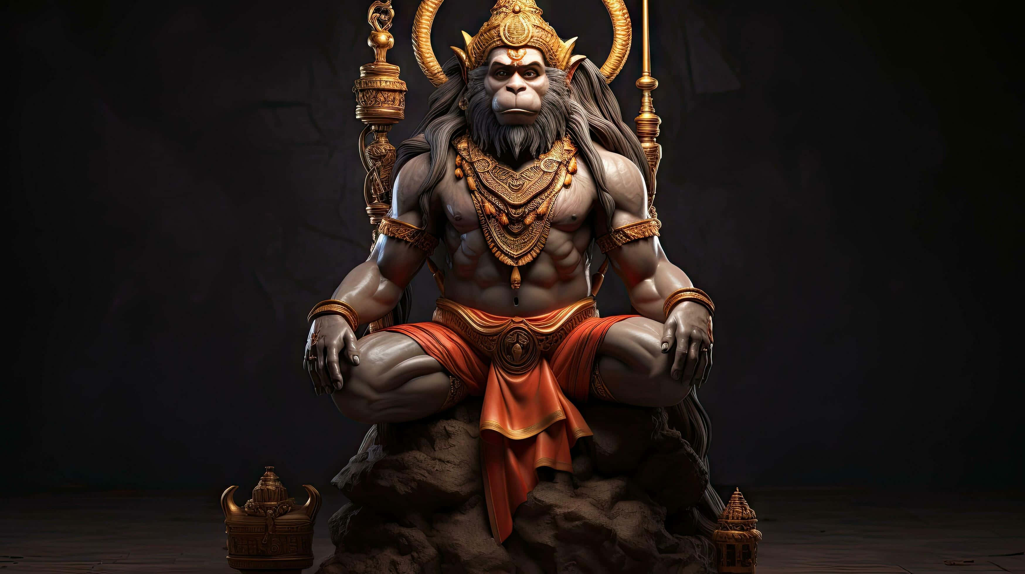 Hanuman, golden crown, ornate jewelry, 2K Desktop Wallpaper