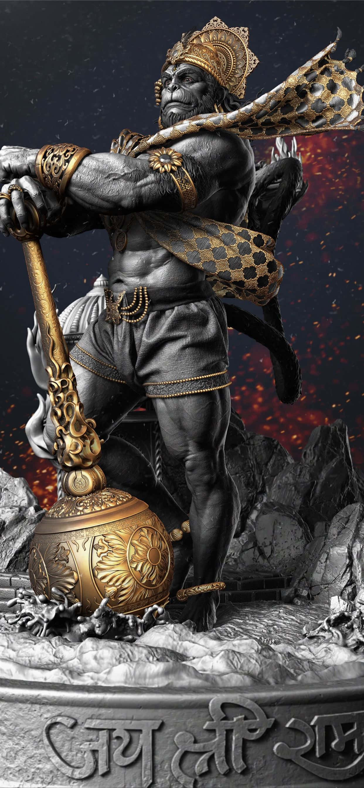 Hanuman, golden armor, massive mace, 2K Phone Wallpaper