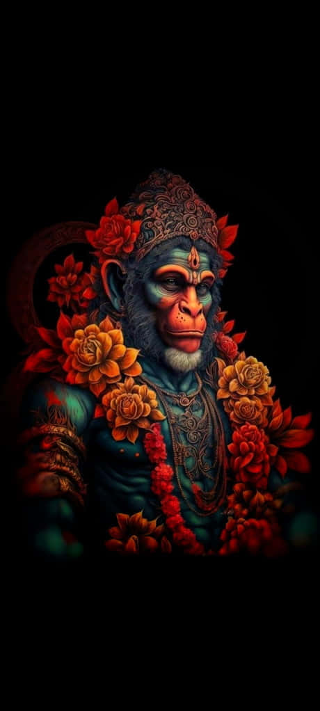 Hanuman, blue monkey, red and orange flowers, SD Phone Wallpaper