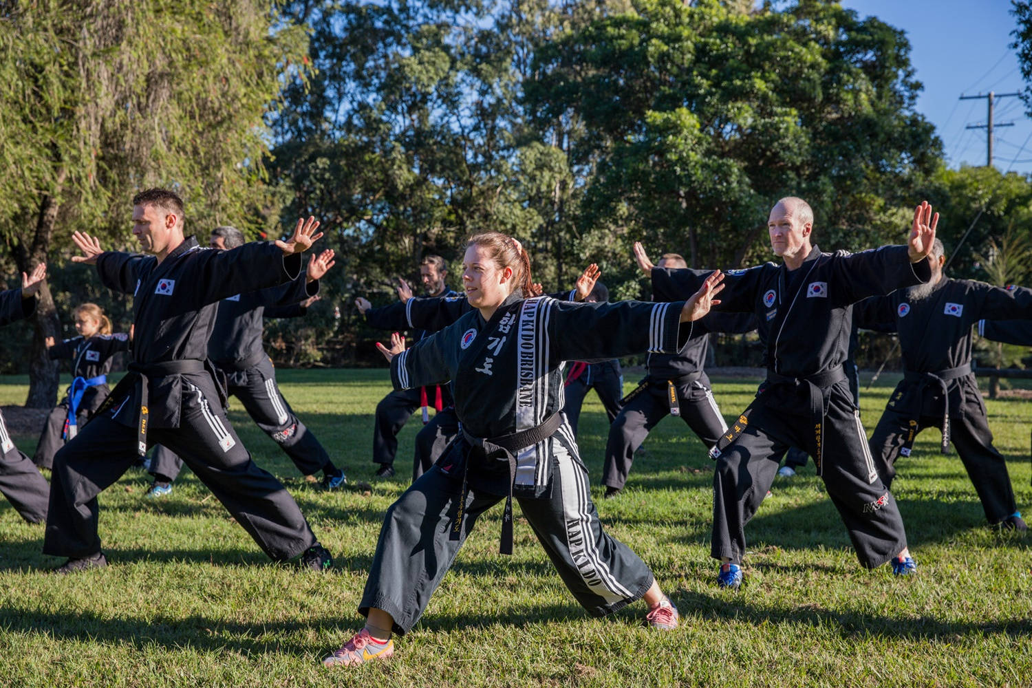 Hapkido, black uniforms, sunlit grassy field, HD Desktop Wallpaper
