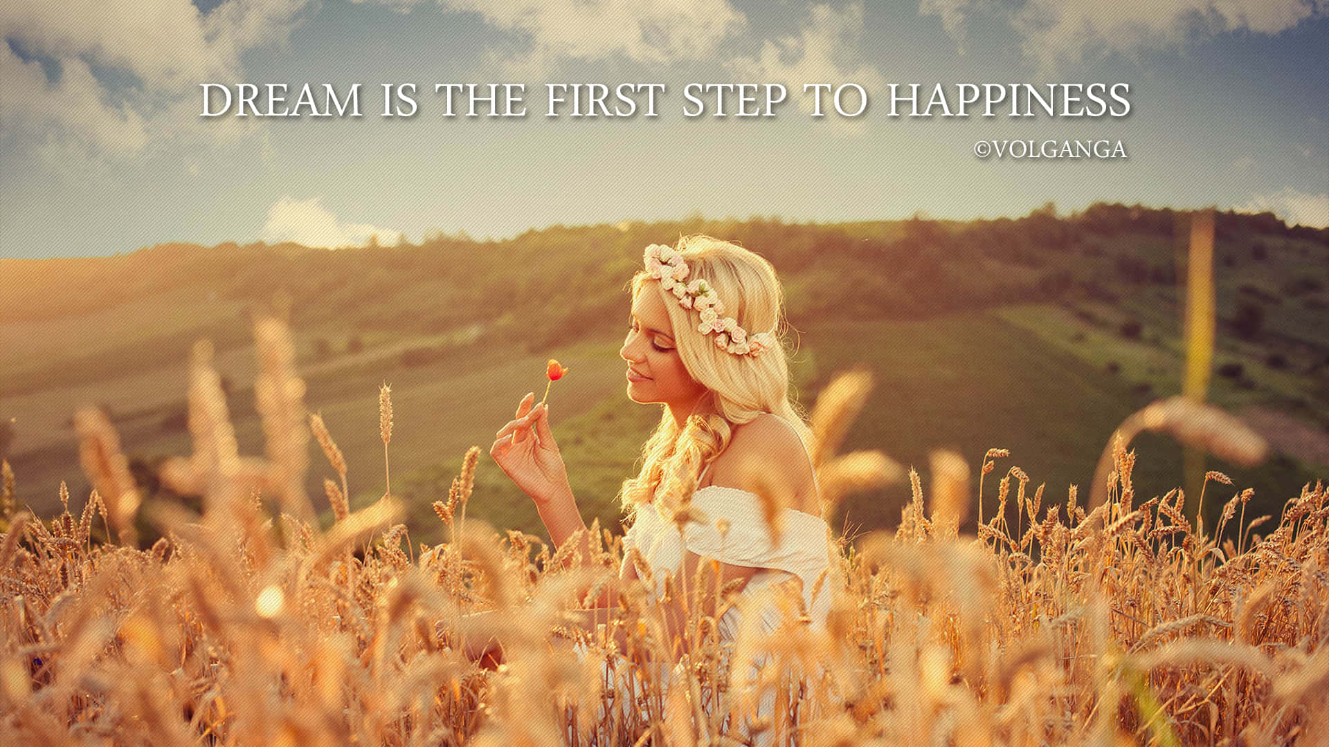 Dream Stepto Happiness Quote Field, white dress, floral crown, Full HD Desktop Wallpaper