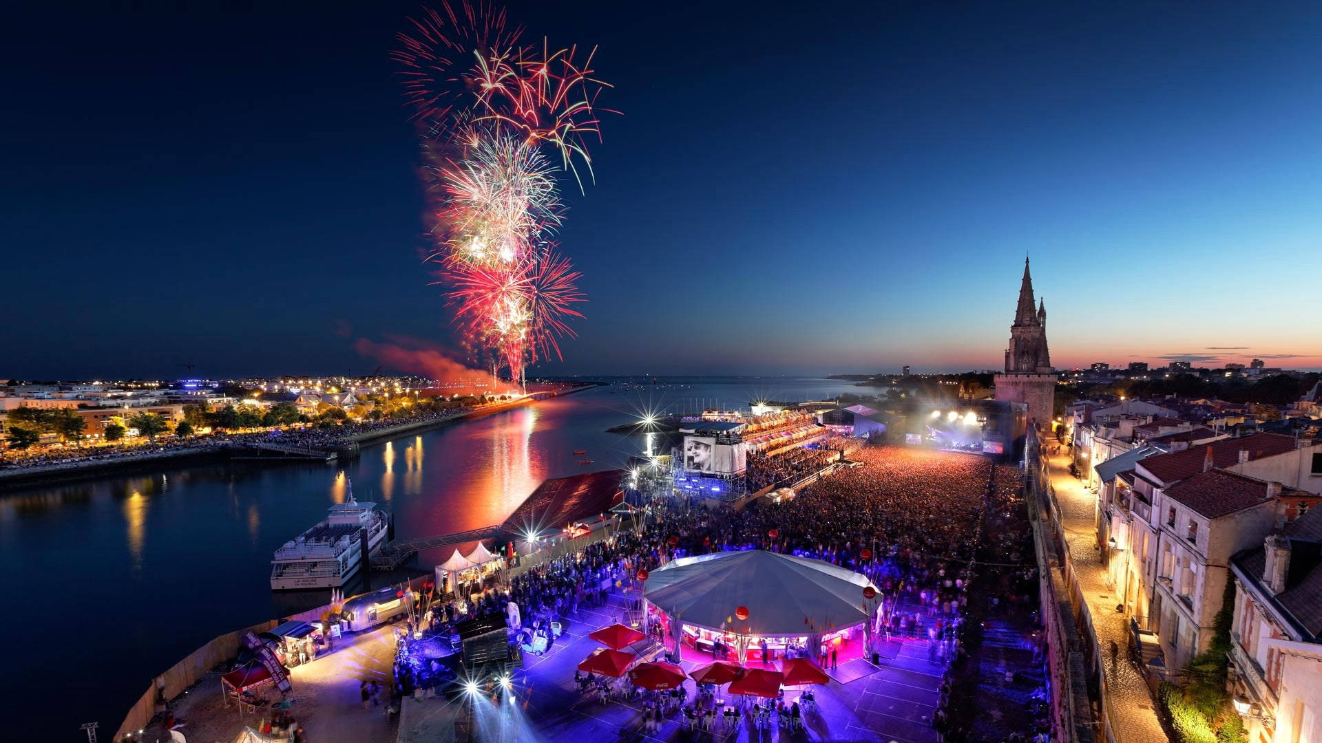 Bastille Day, fireworks, waterfront festival, Full HD Desktop Wallpaper