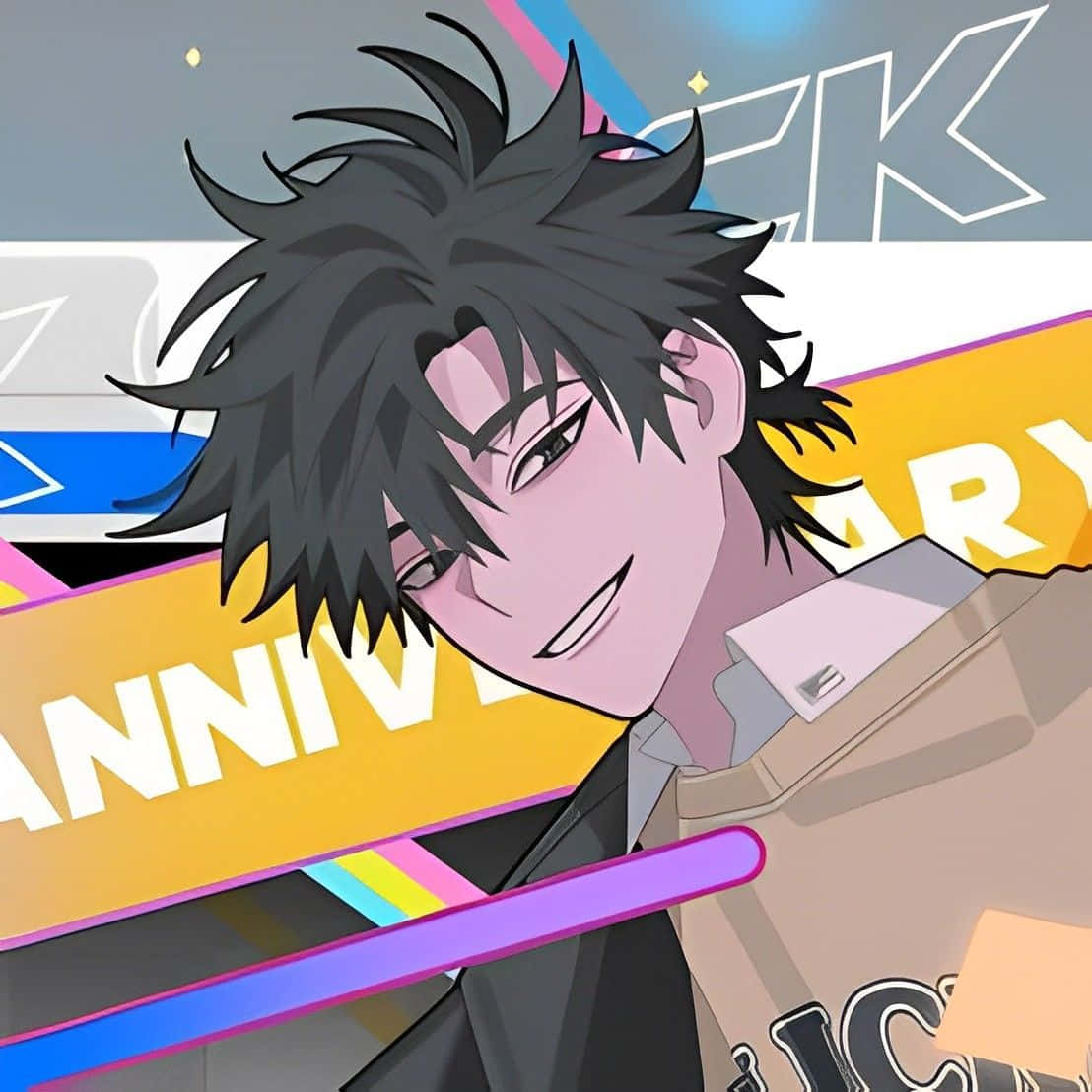 smirking anime character, spiky black hair, colorful geometric background, SD Desktop Wallpaper