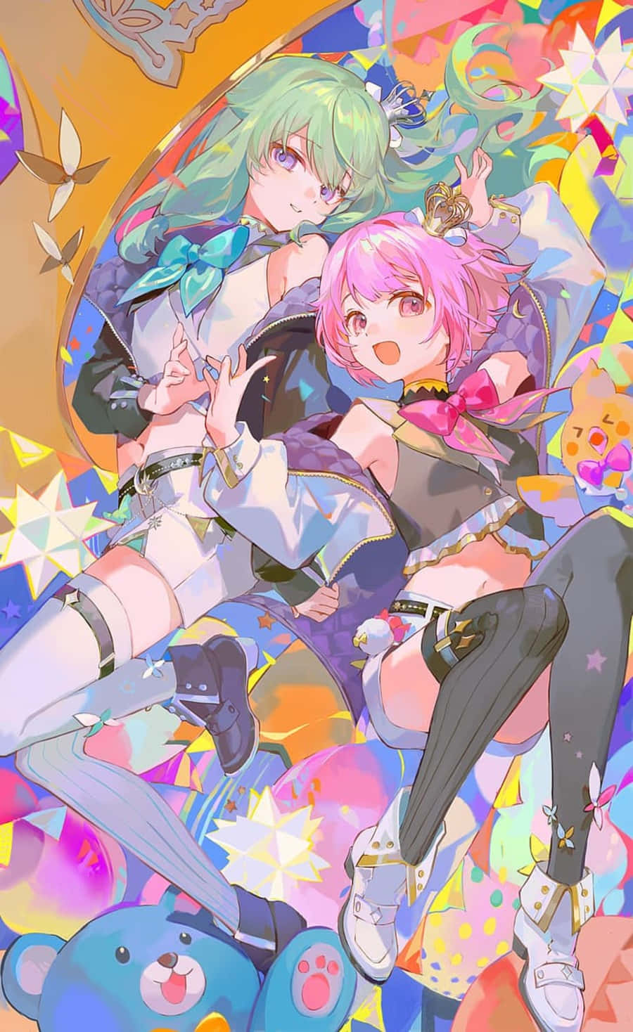green hair, pink hair, vibrant kaleidoscope of stars, HD Phone Wallpaper