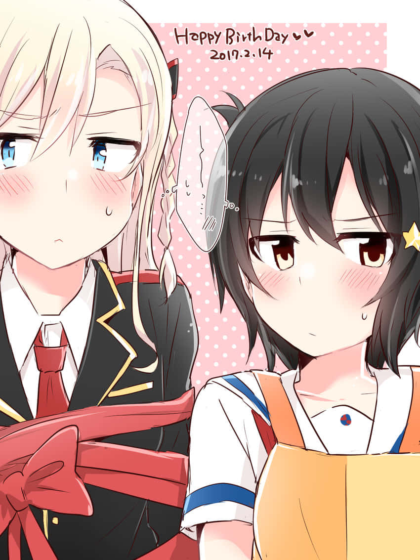 anime girls, school uniforms, pink polka dot birthday background, SD Phone Wallpaper