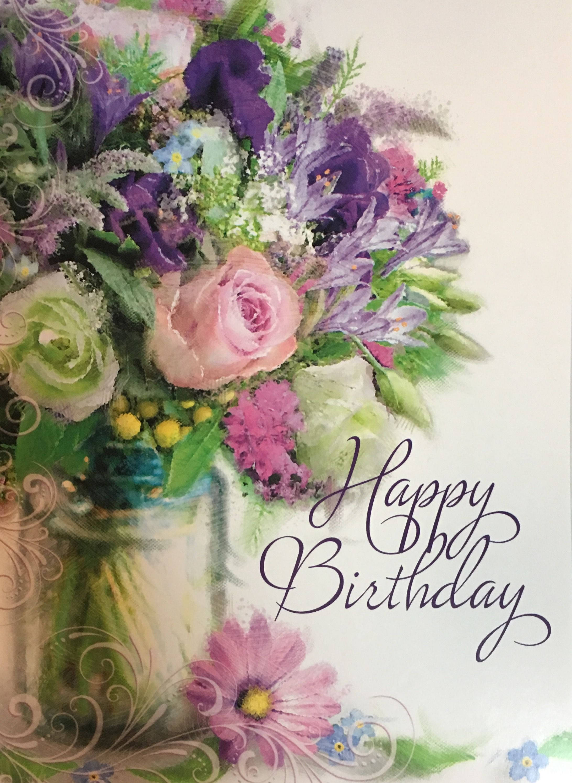 Happy Birthday, watercolor bouquet, purple pink and green flowers, 2K Phone Wallpaper