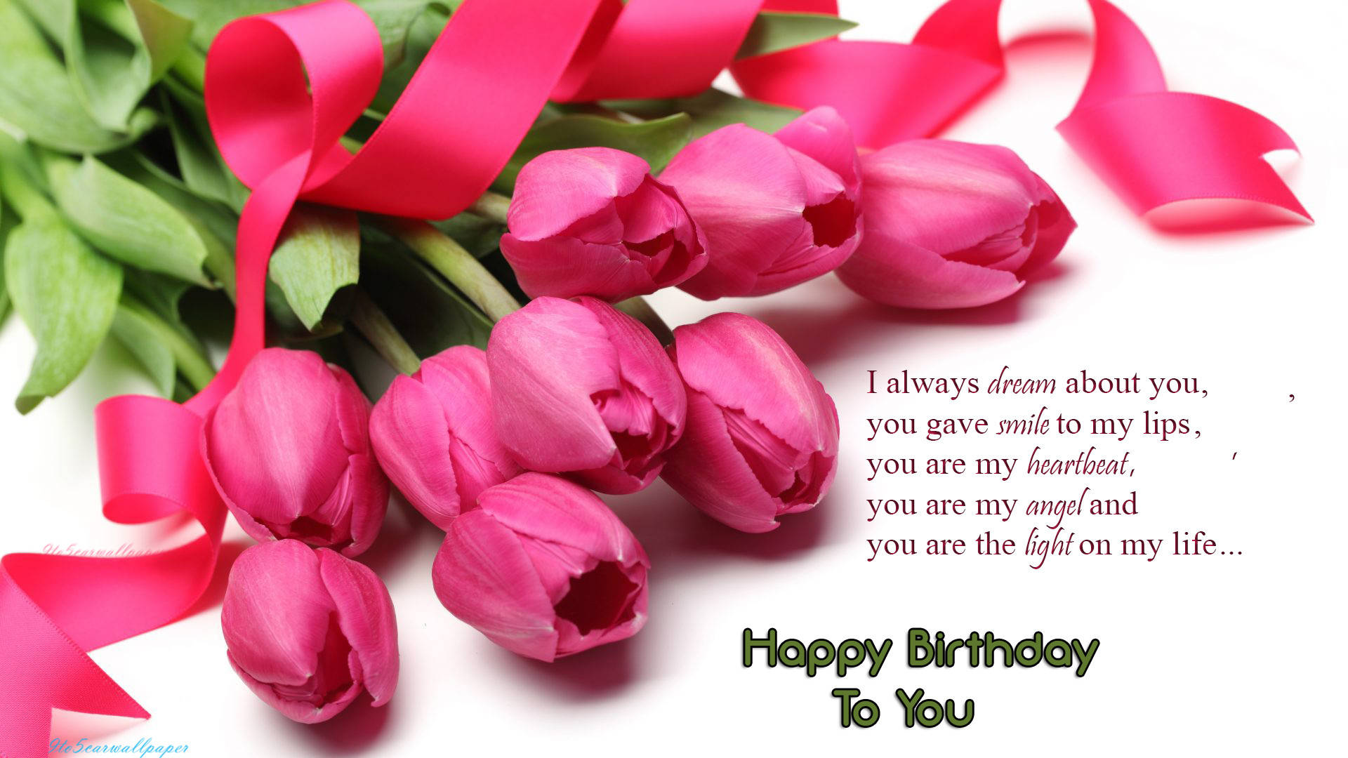 pink tulips, happy birthday flower, matching ribbon, Full HD Desktop Wallpaper
