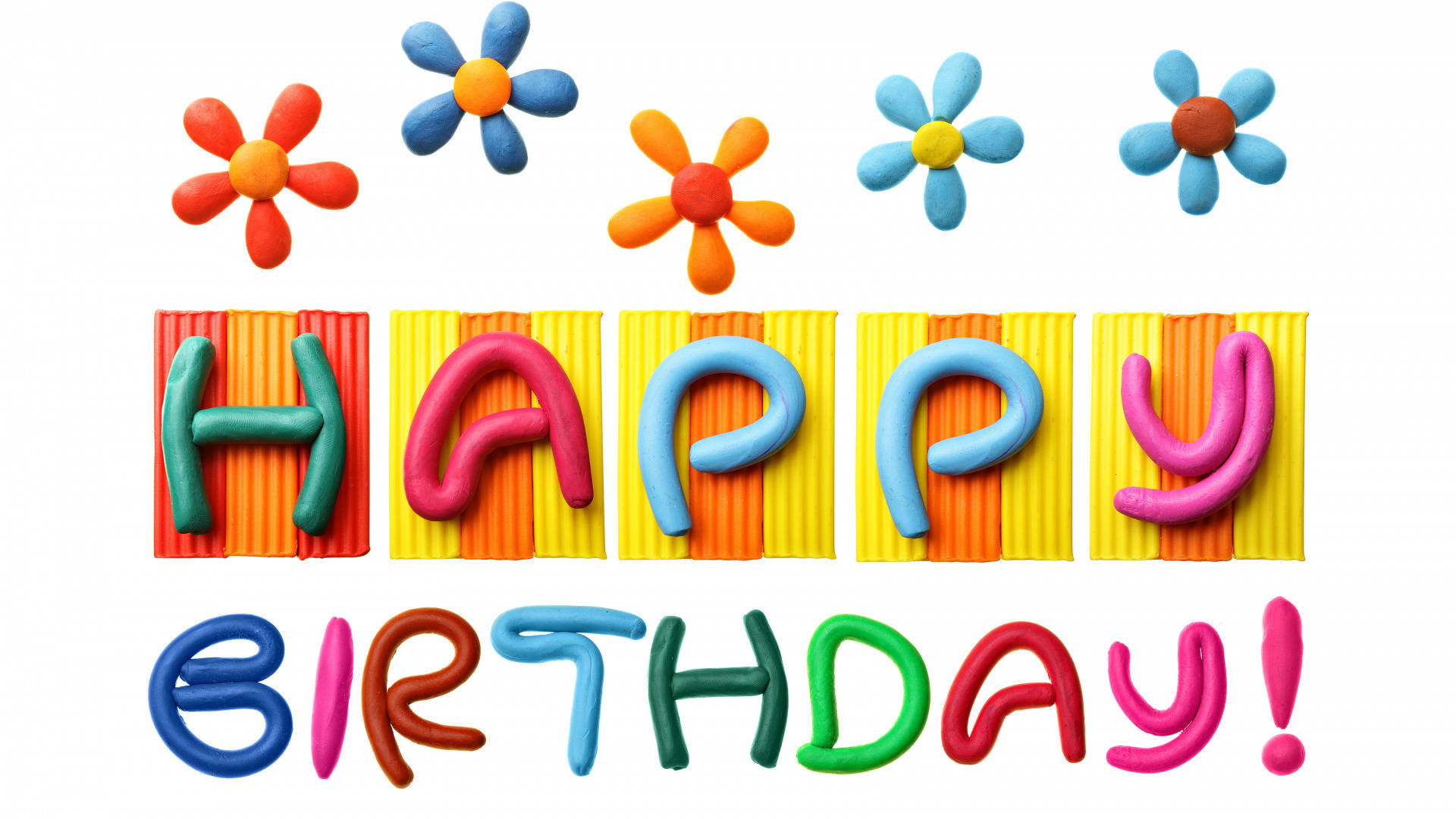 HAPPY BIRTHDAY, colorful clay letters, flower decorations, Full HD Desktop Wallpaper