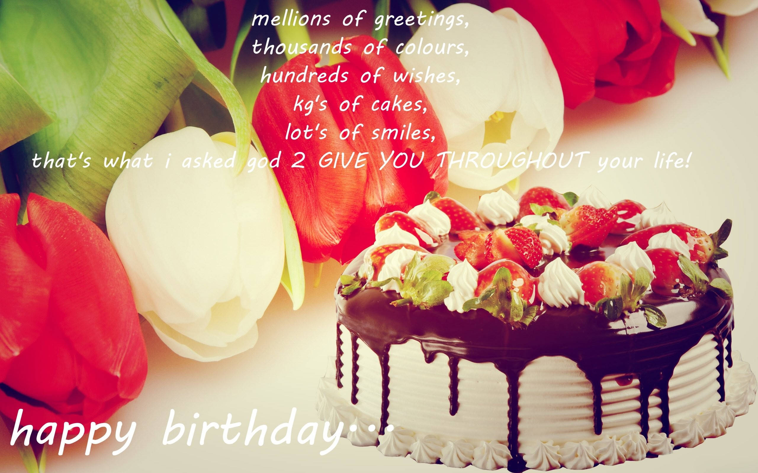 chocolate drip cake, strawberries and cream, red and white tulips, 2K Desktop Wallpaper