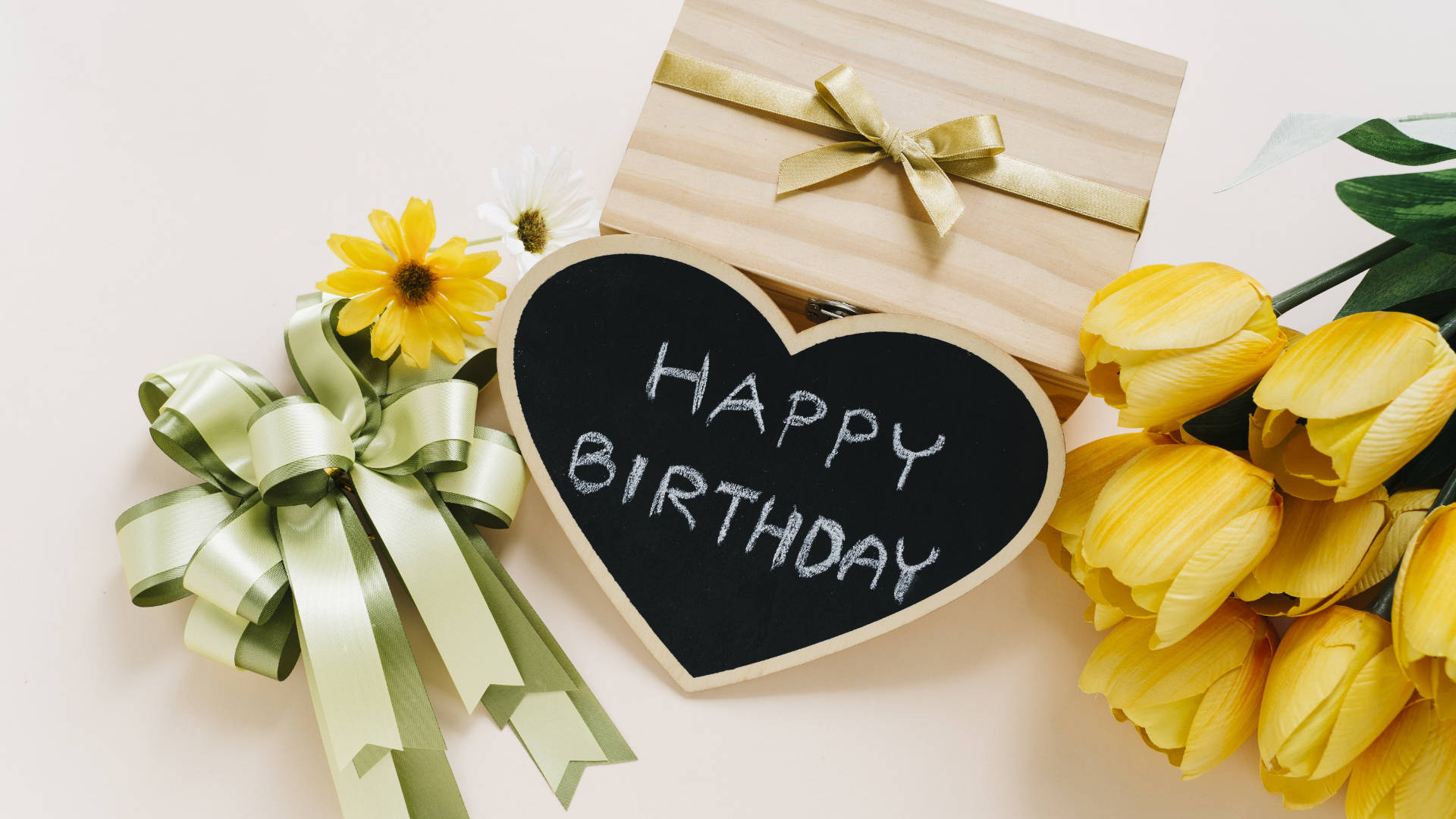 yellow tulips, HAPPY BIRTHDAY, heart-shaped chalkboard, Full HD Desktop Wallpaper