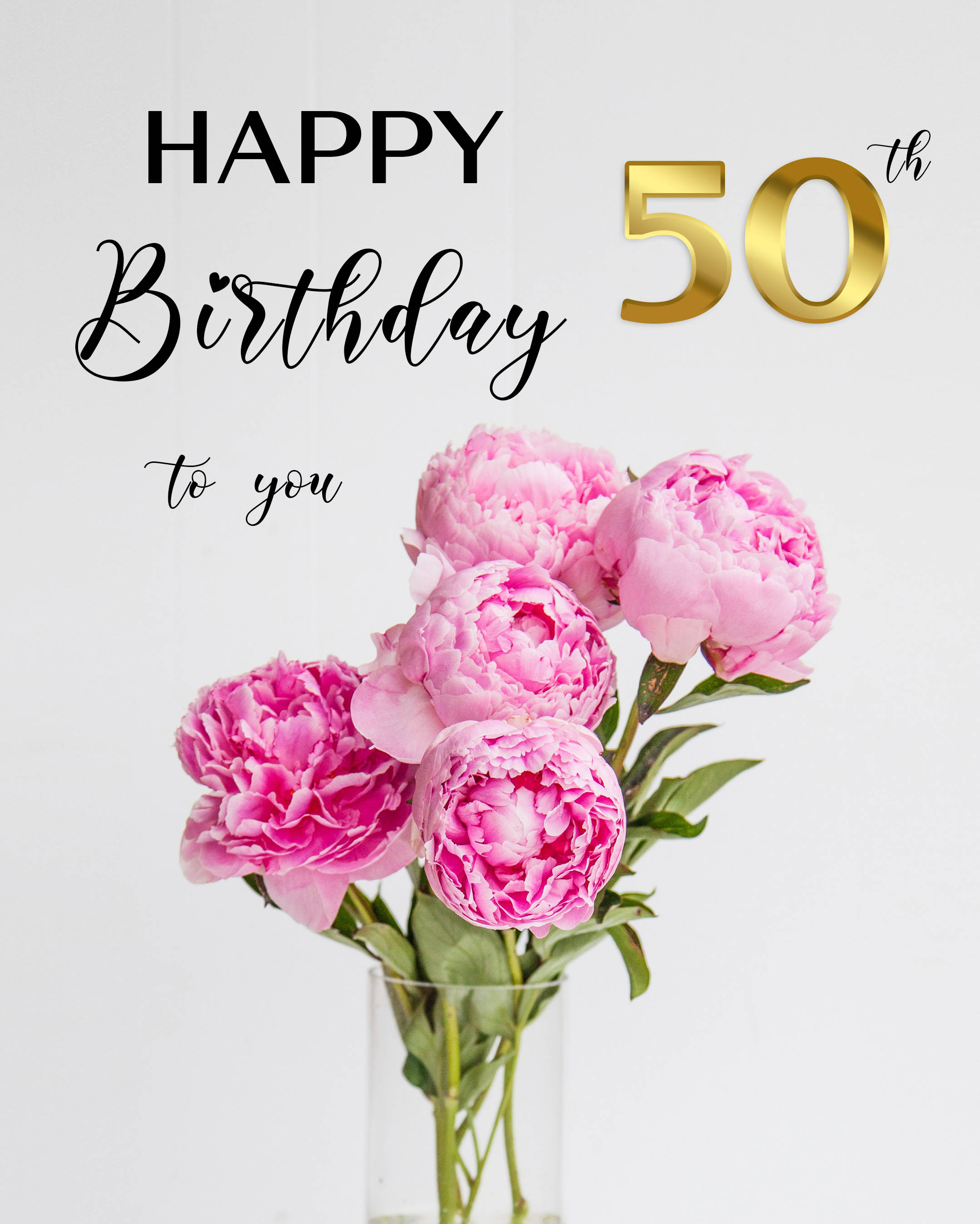 pink peonies, clear vase, elegant gold and black text, 2K Phone Wallpaper