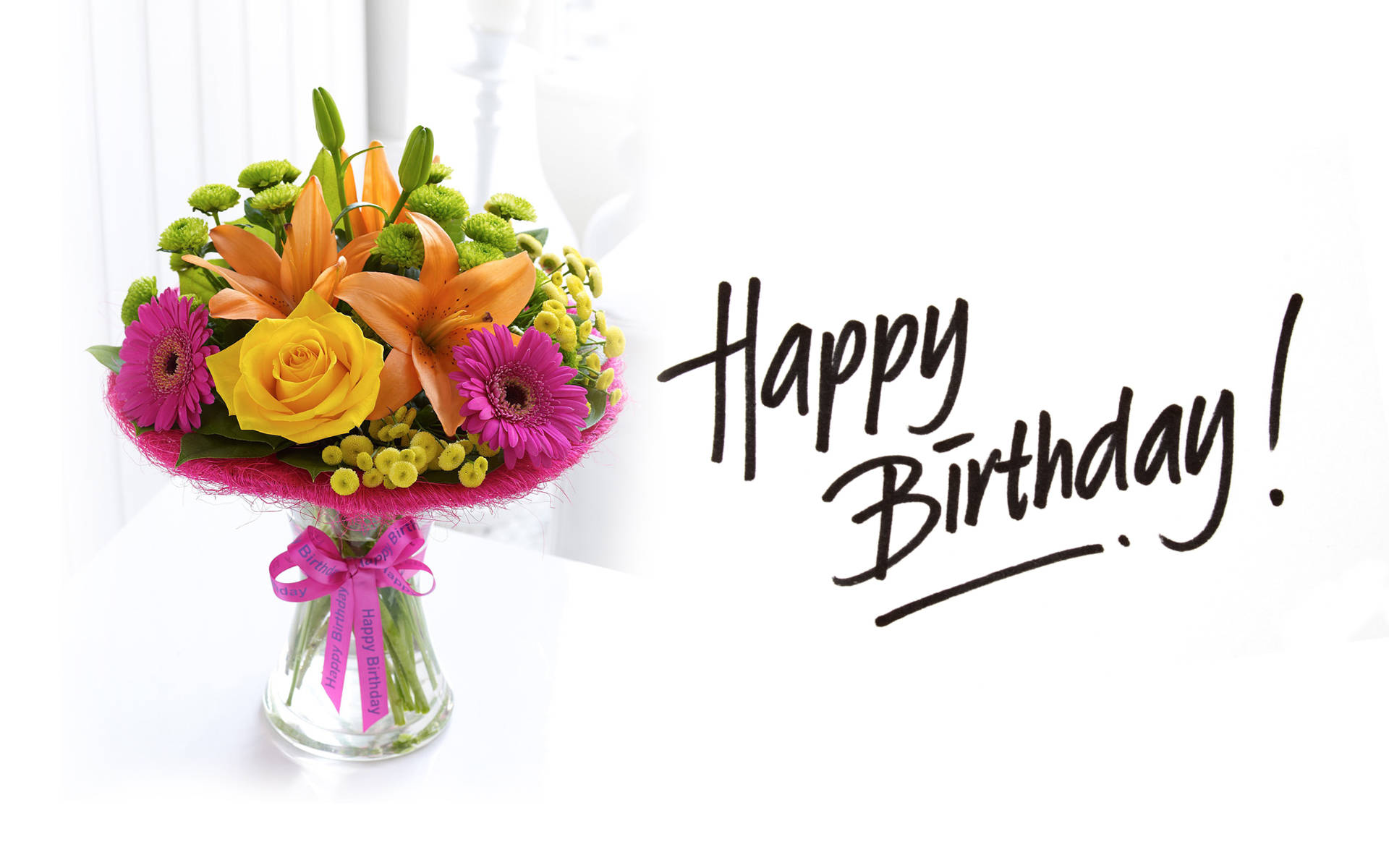 multi colored happy birthday flower bouquet, orange lilies, yellow roses, Full HD Desktop Wallpaper