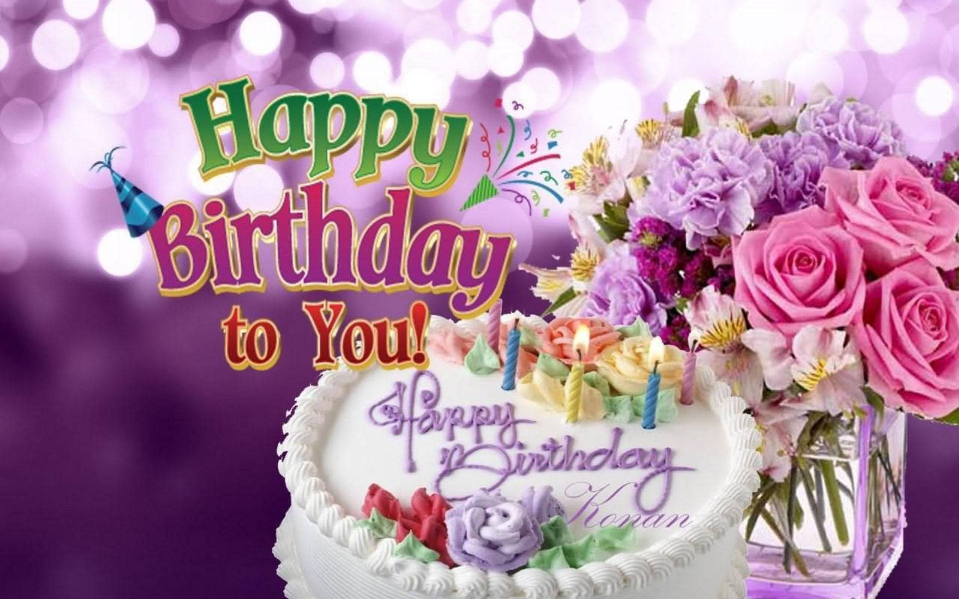 violet themed, happy birthday flower, festive birthday cake, Full HD Desktop Wallpaper