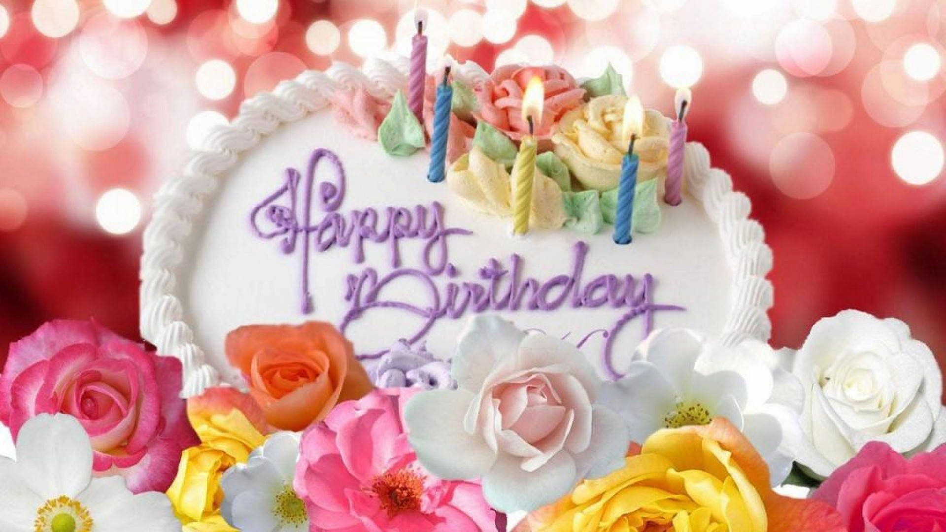 white happy birthday flower cake, colorful roses, lit candles, Full HD Desktop Wallpaper