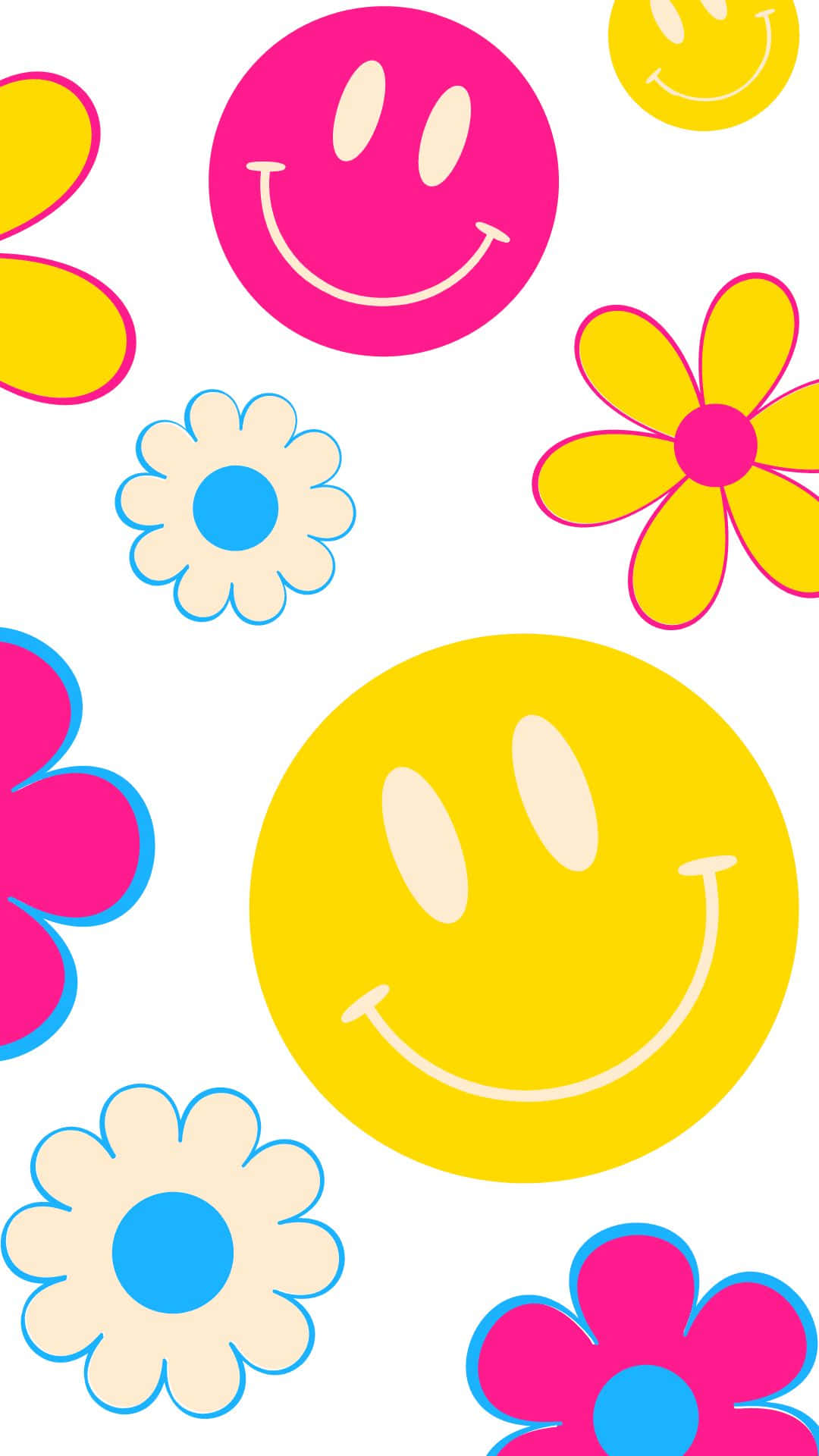 retro smiley faces, colorful flowers, pink, Full HD Phone Wallpaper