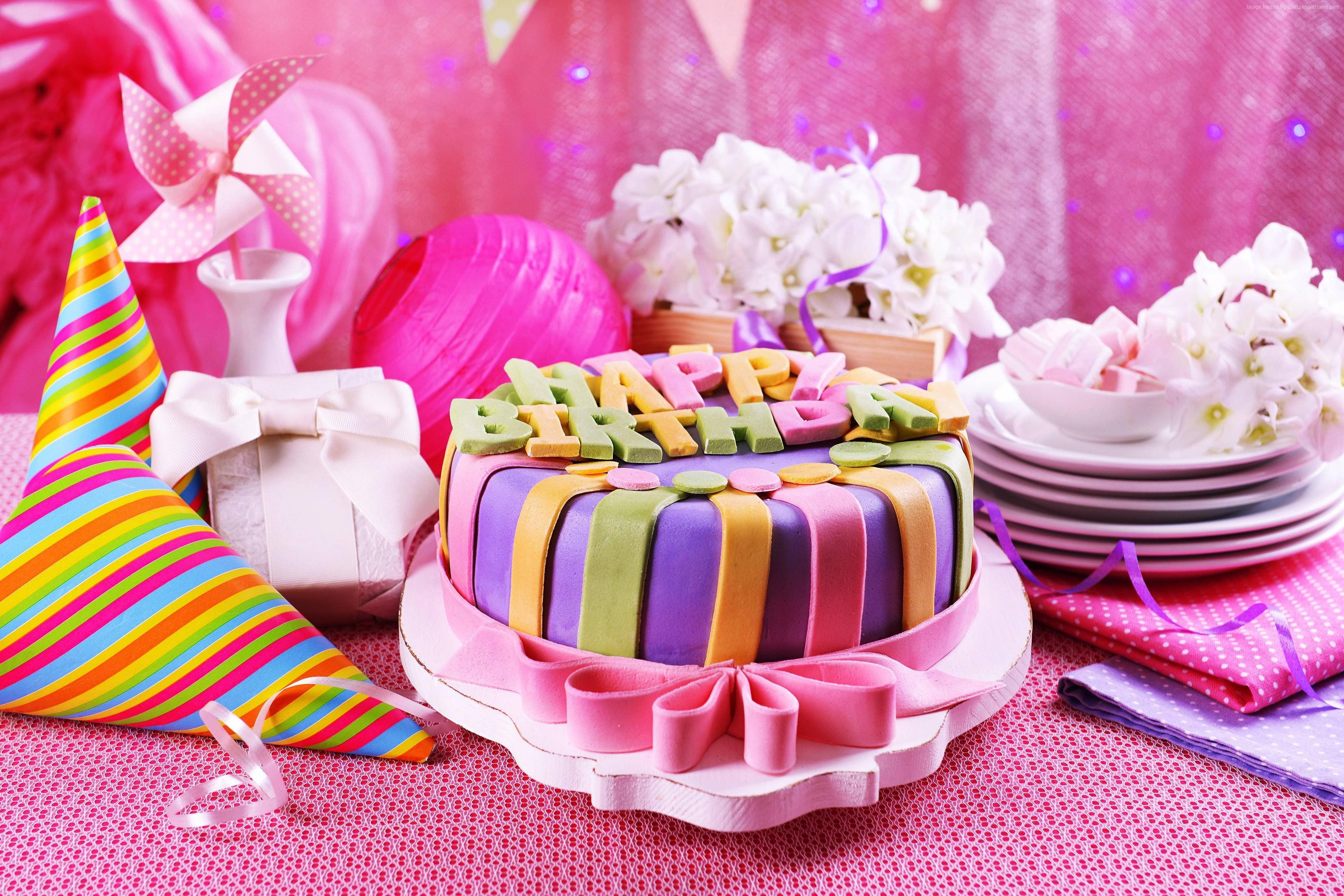 colorful fondant letters, ribbons, party hats, 2K Desktop Wallpaper