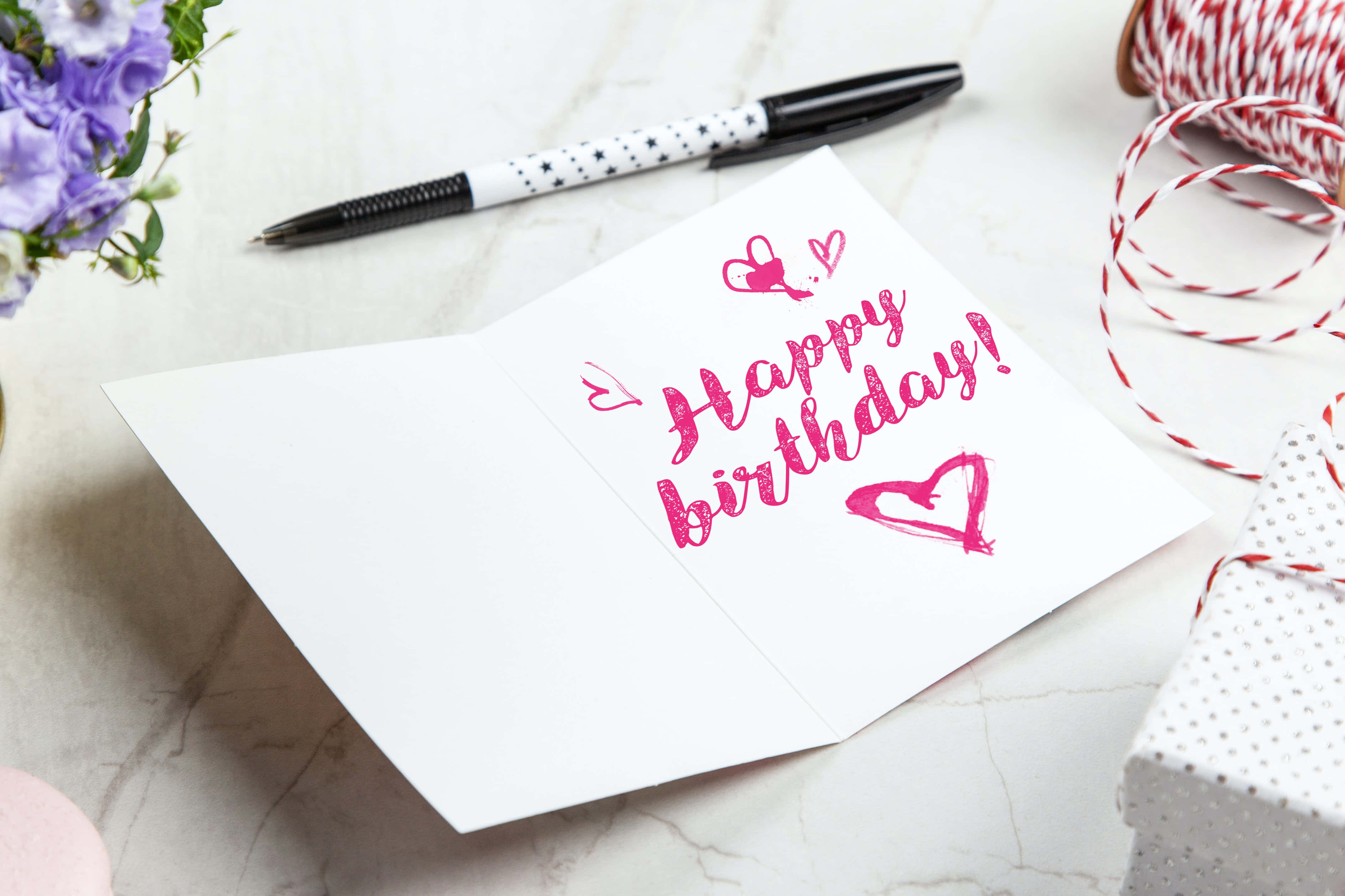 white birthday card, pink handwritten text, hearts, 4K Desktop Wallpaper