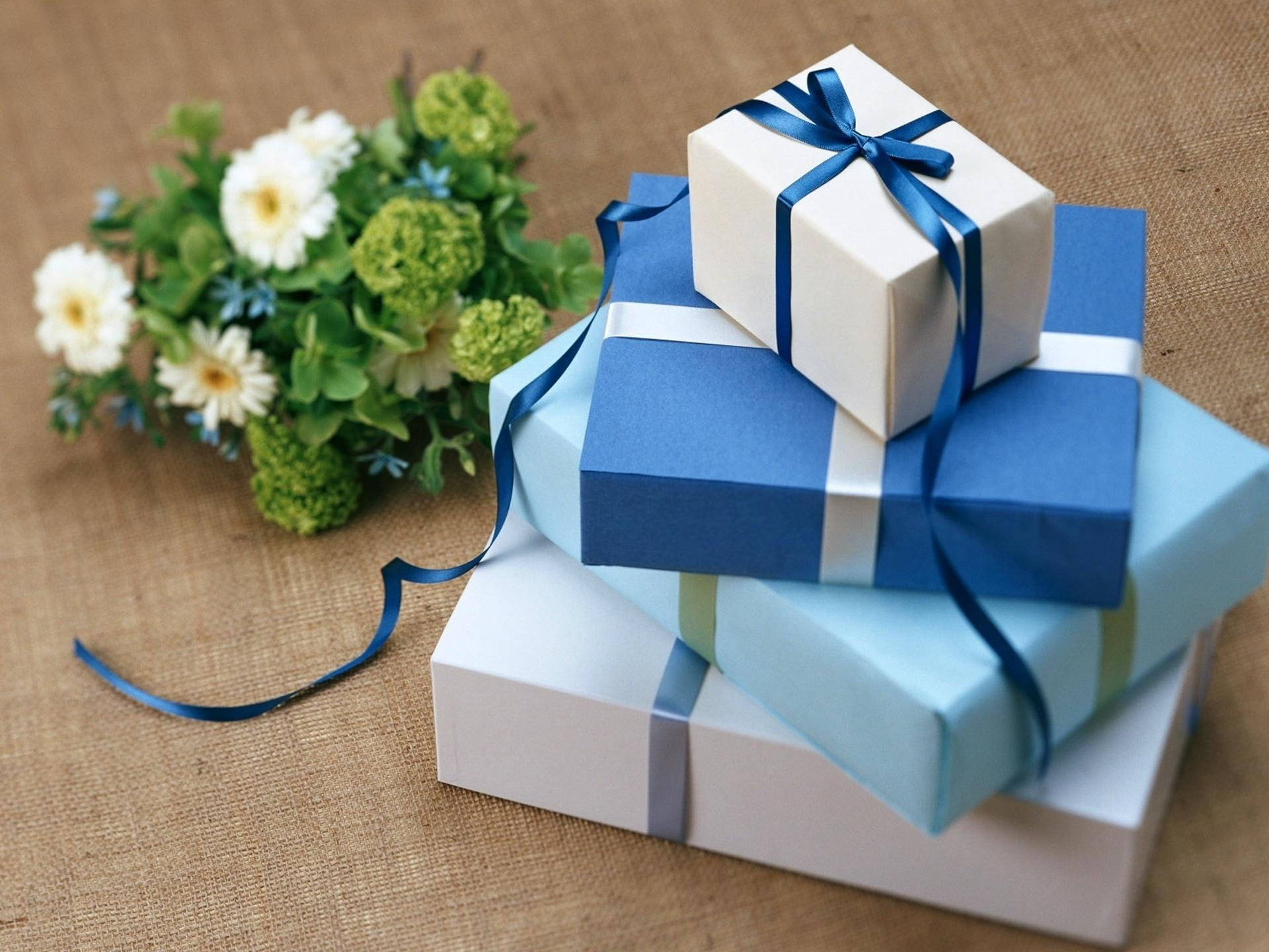 Happy Birthday Flowers Blue Boxes, blue gift boxes, white daisies, Full HD Desktop Wallpaper