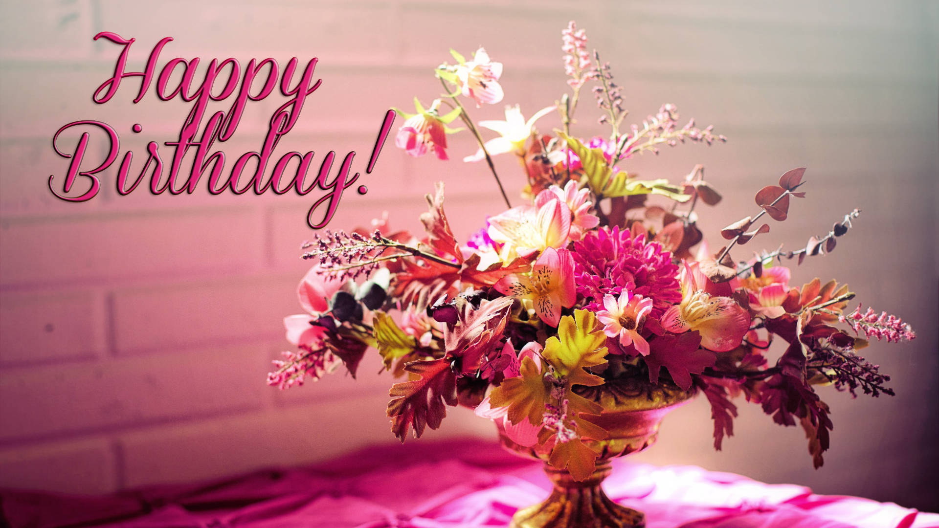 Happy Birthday!, pink cursive, golden vase, Full HD Desktop Wallpaper