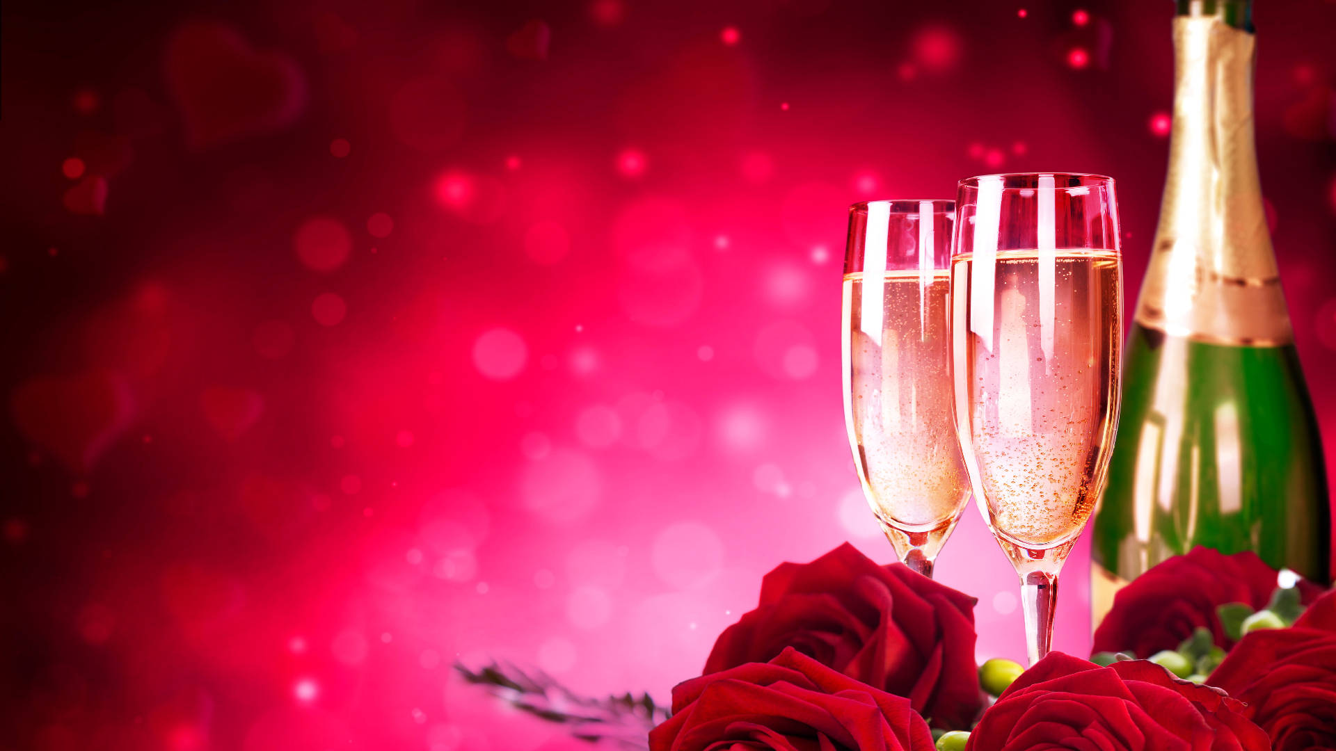 Happy Birthday Flowers, champagne flutes, bottle, Full HD Desktop Wallpaper