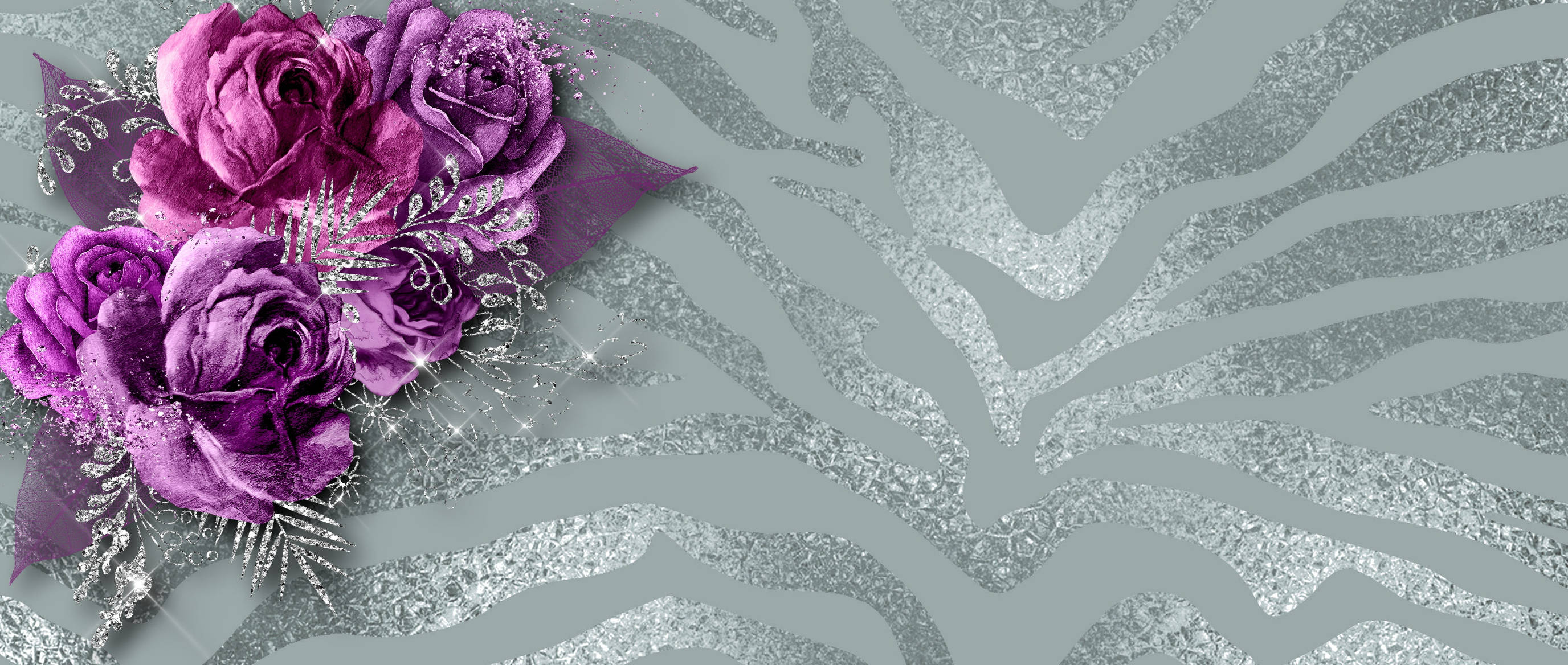 Happy Birthday Flowers, silver pattern, vibrant purple roses, 2K Desktop Wallpaper