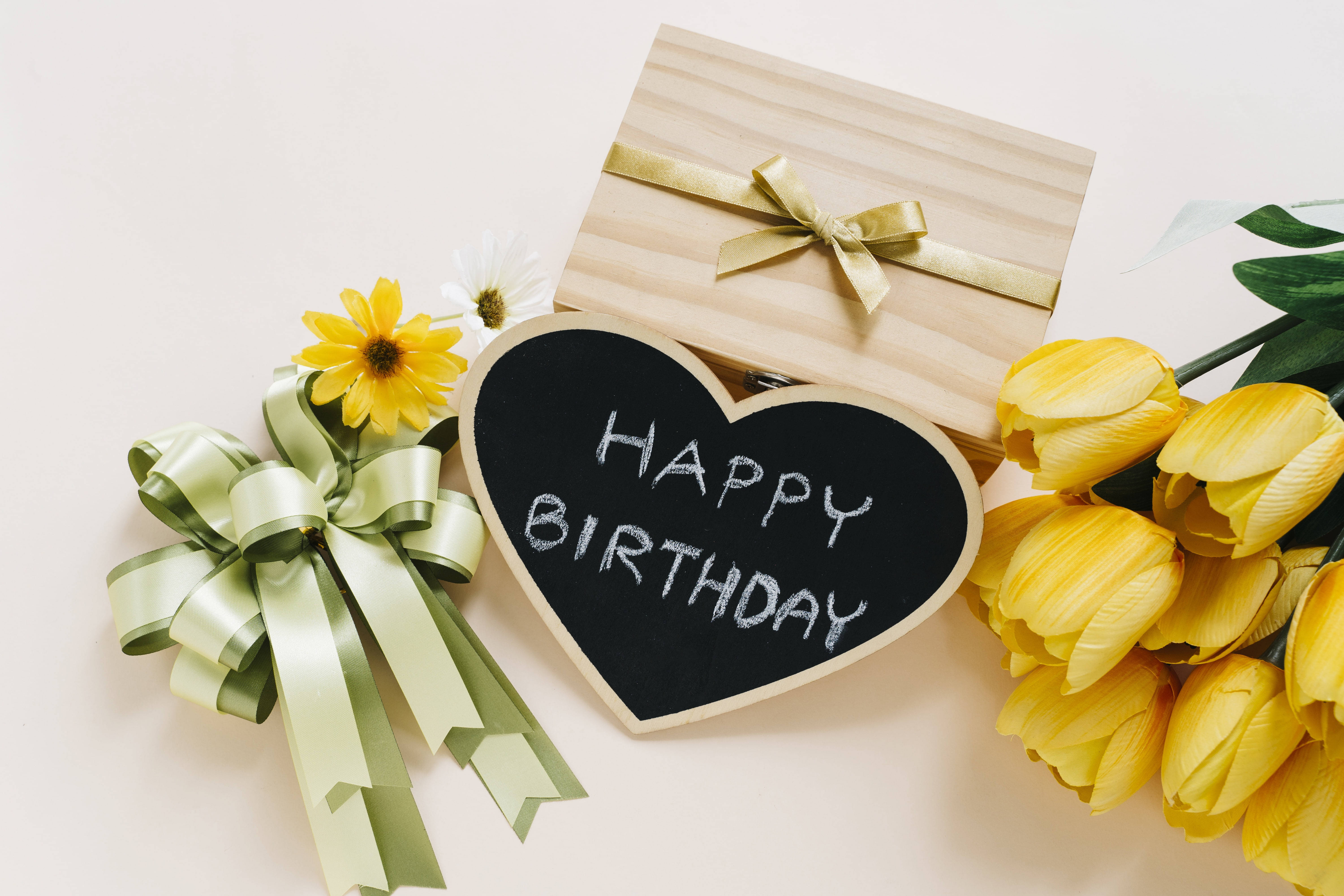 yellow tulips, green bow, wooden gift box, 5K Desktop Wallpaper