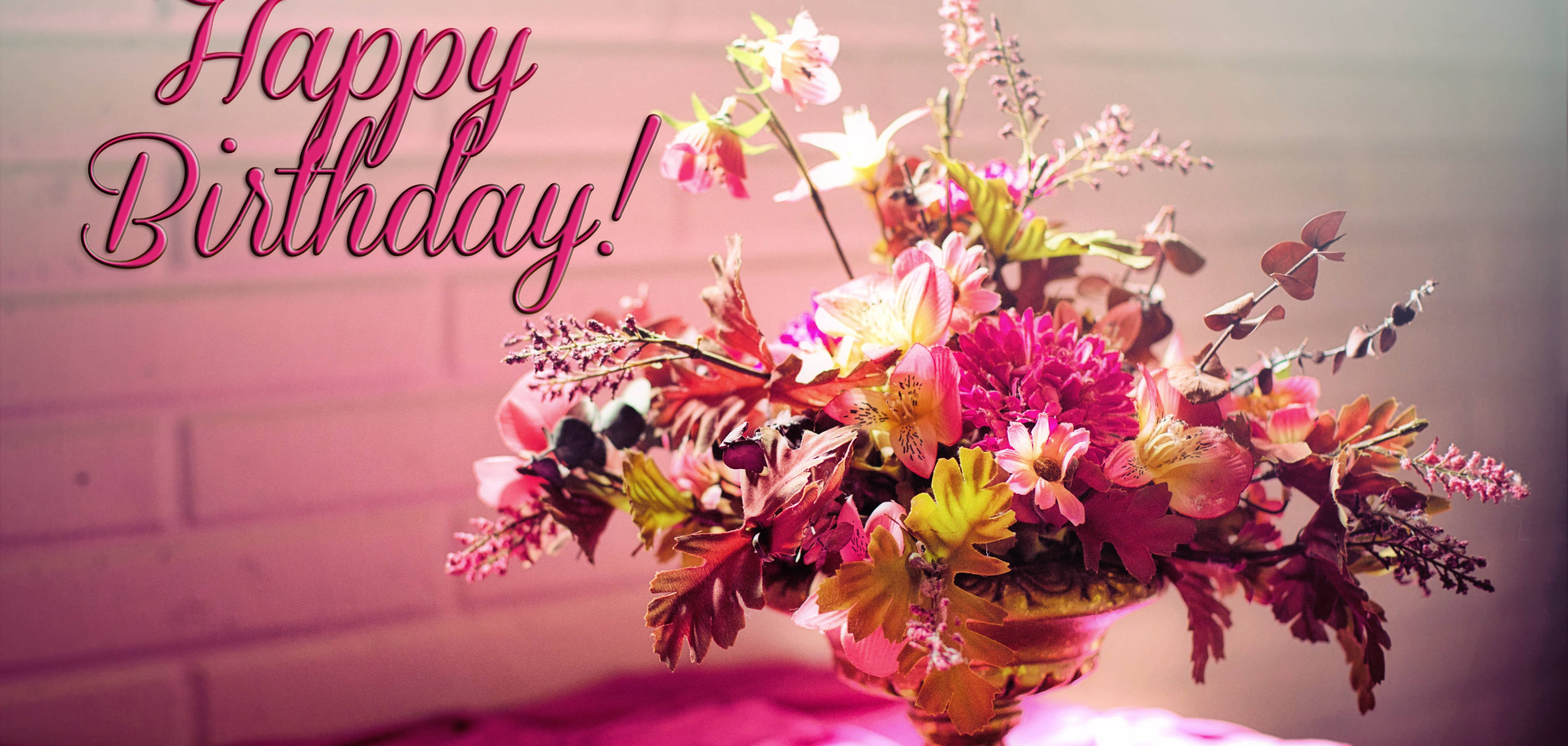 pink happy birthday flowers, golden vase, pink and yellow blooms, 2K Desktop Wallpaper
