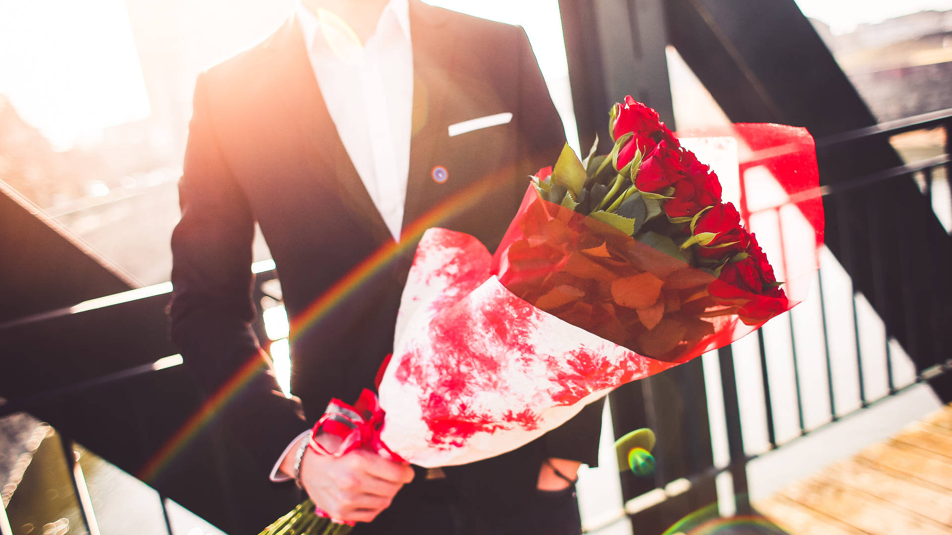 red roses, red and white paper, sunlit railing, Full HD Desktop Wallpaper