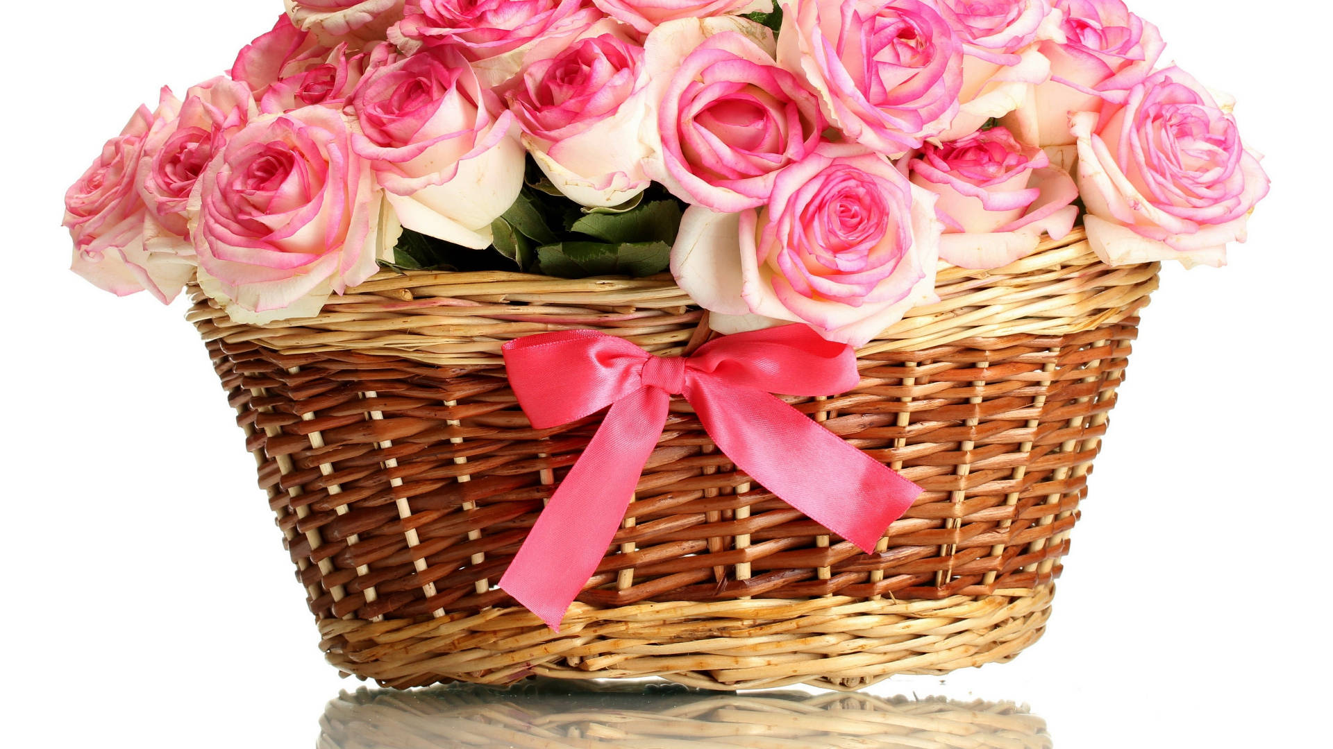 basket, pink and white roses, bright pink satin bow, Full HD Desktop Wallpaper