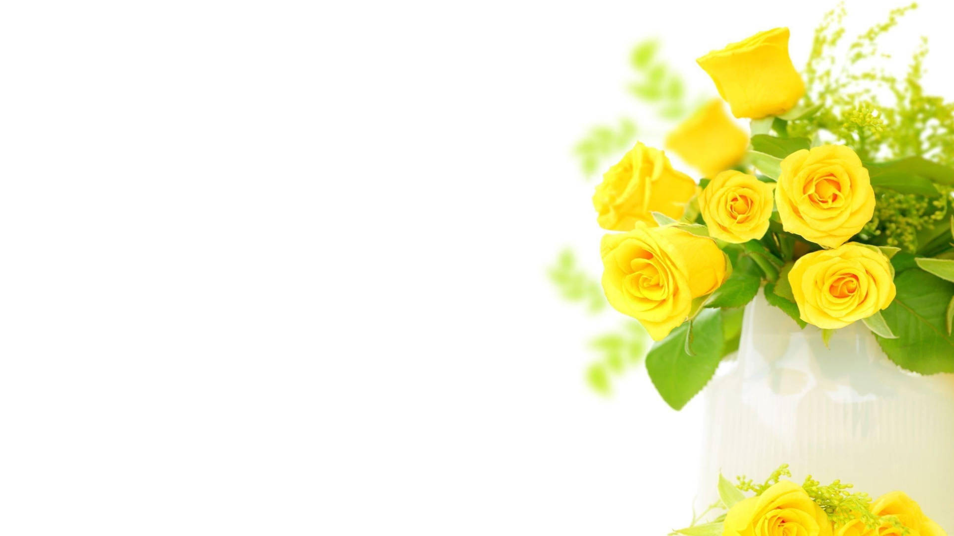 yellow roses, greenery, white vase, Full HD Desktop Wallpaper
