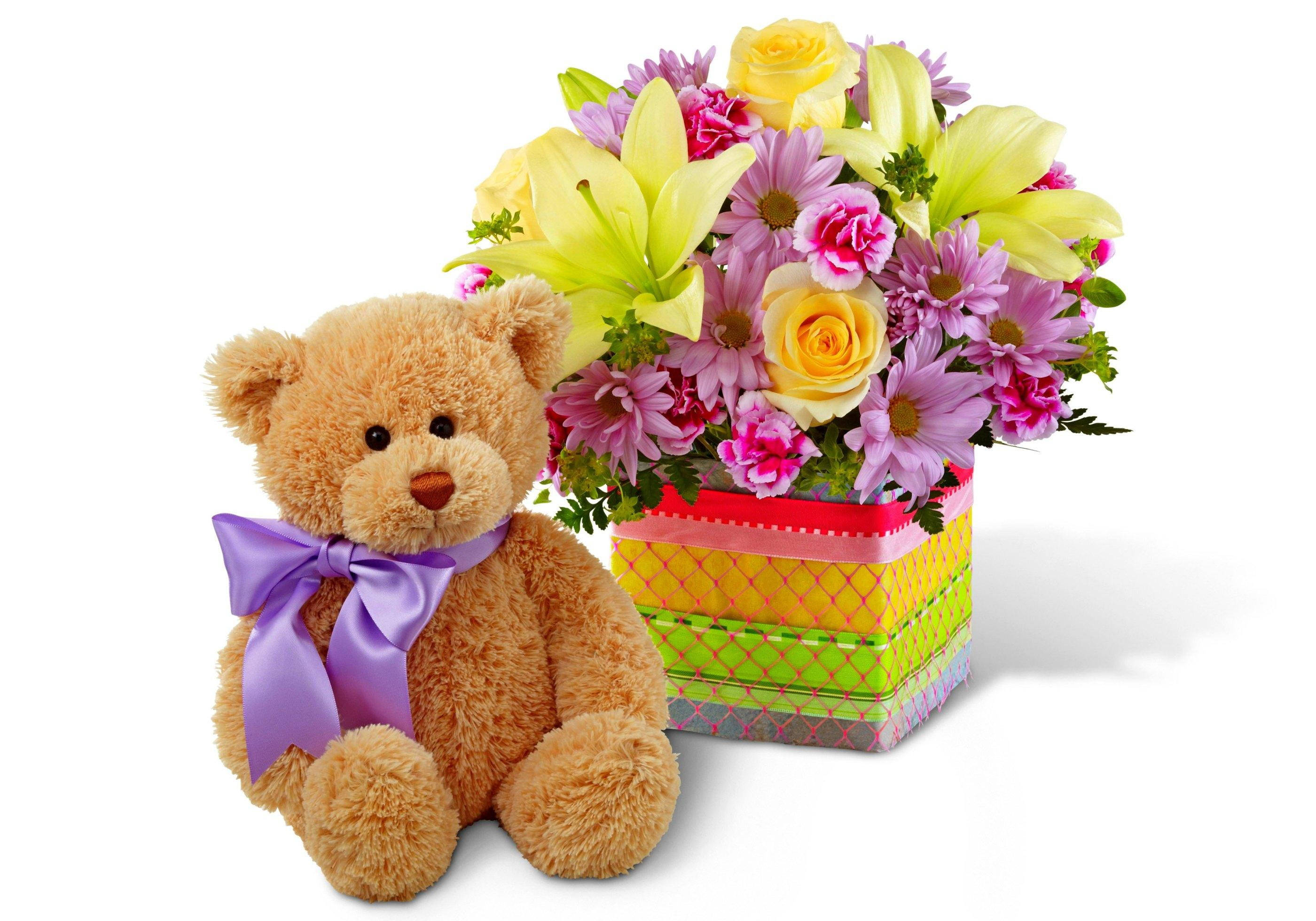 happy birthday flowers, teddy bear, fluffy brown teddy bear, 2K Desktop Wallpaper