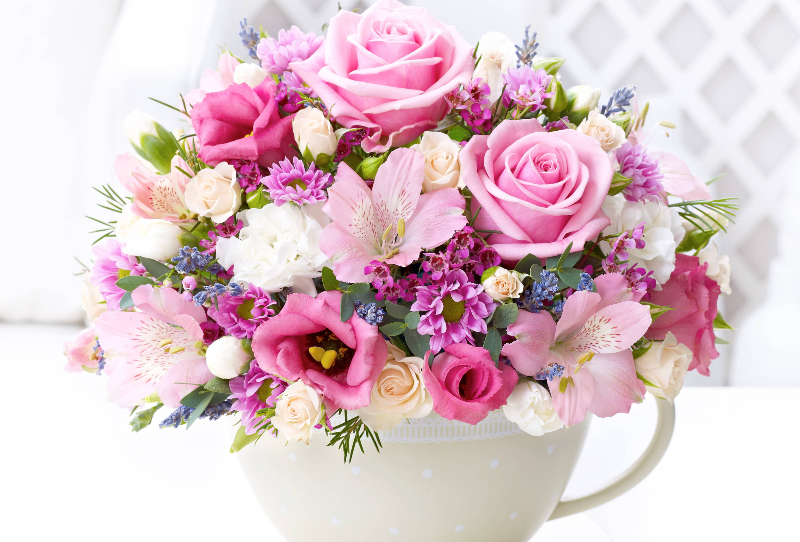 pink roses, alstroemeria, lavender blooms, 2K Desktop Wallpaper