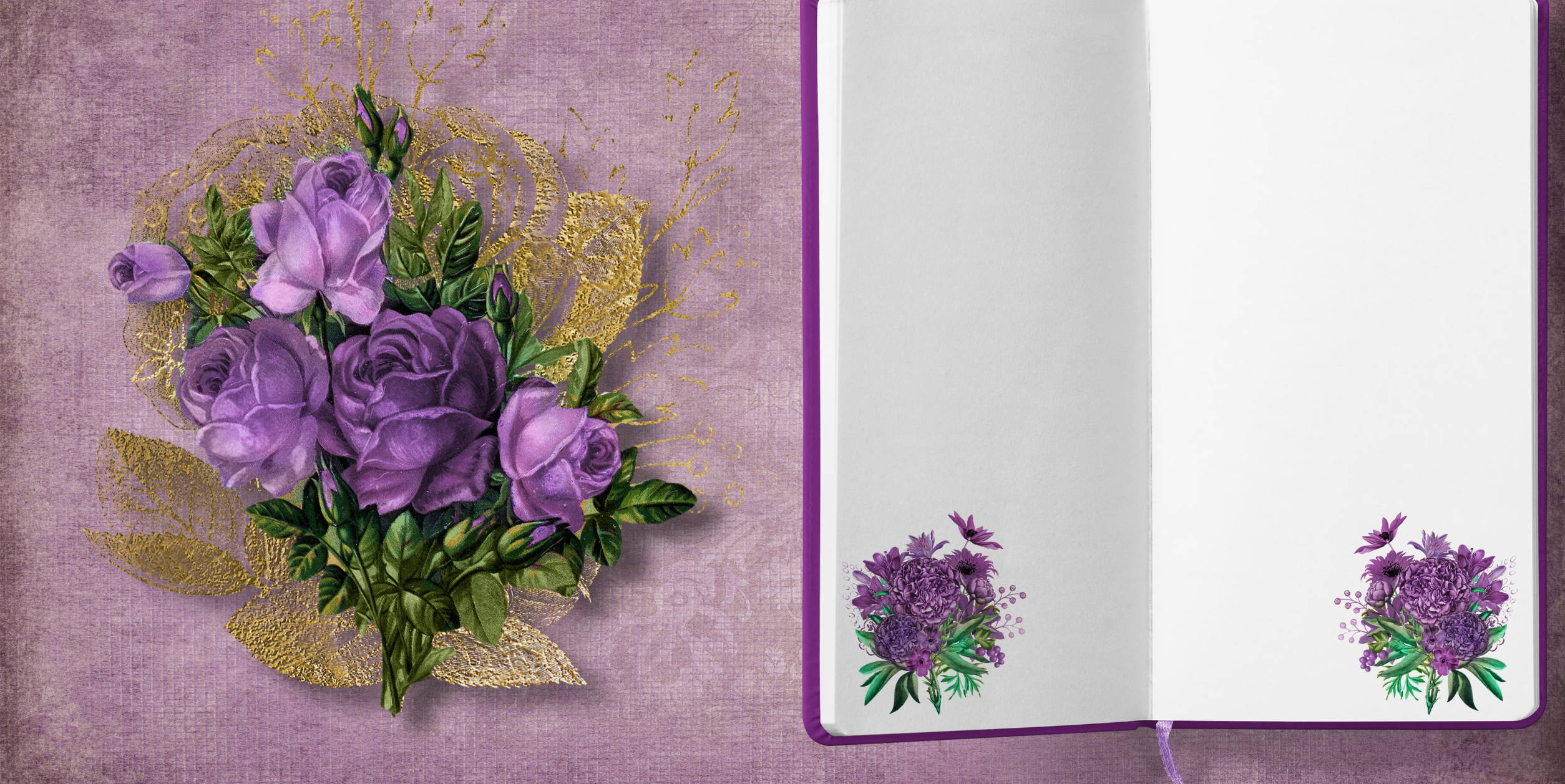 purple rose bouquet, gold leaf accents, open blank journal, Full HD Desktop Wallpaper