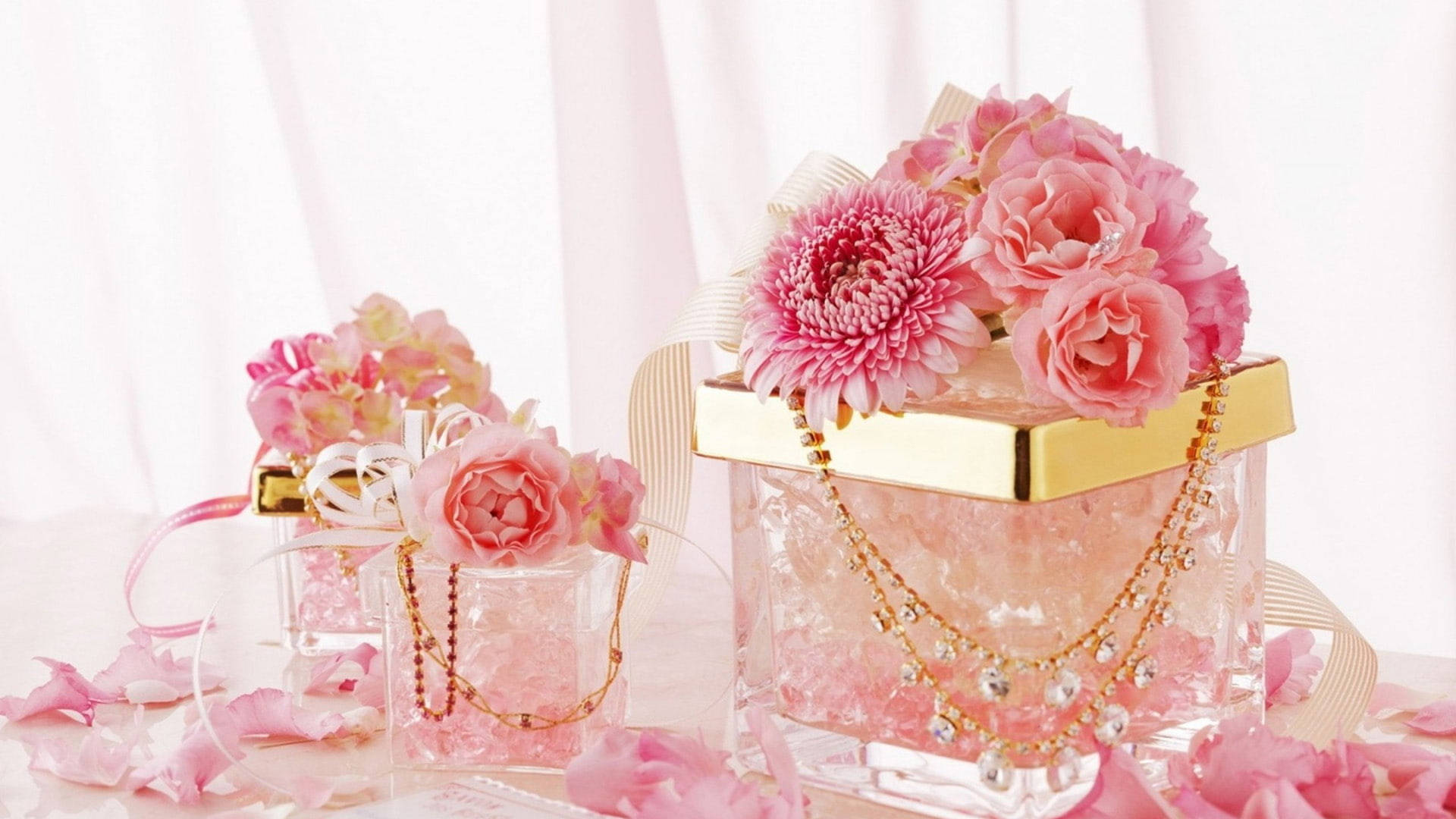Happy Birthday Dainty Flowers, pink flowers, crystal boxes, Full HD Desktop Wallpaper