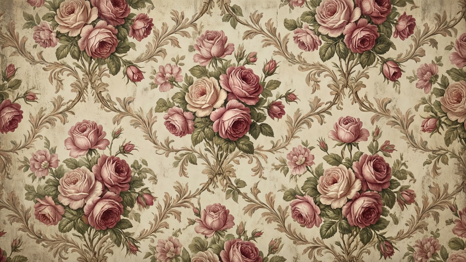 vintage rose pattern, muted pink, green, Full HD Desktop Wallpaper