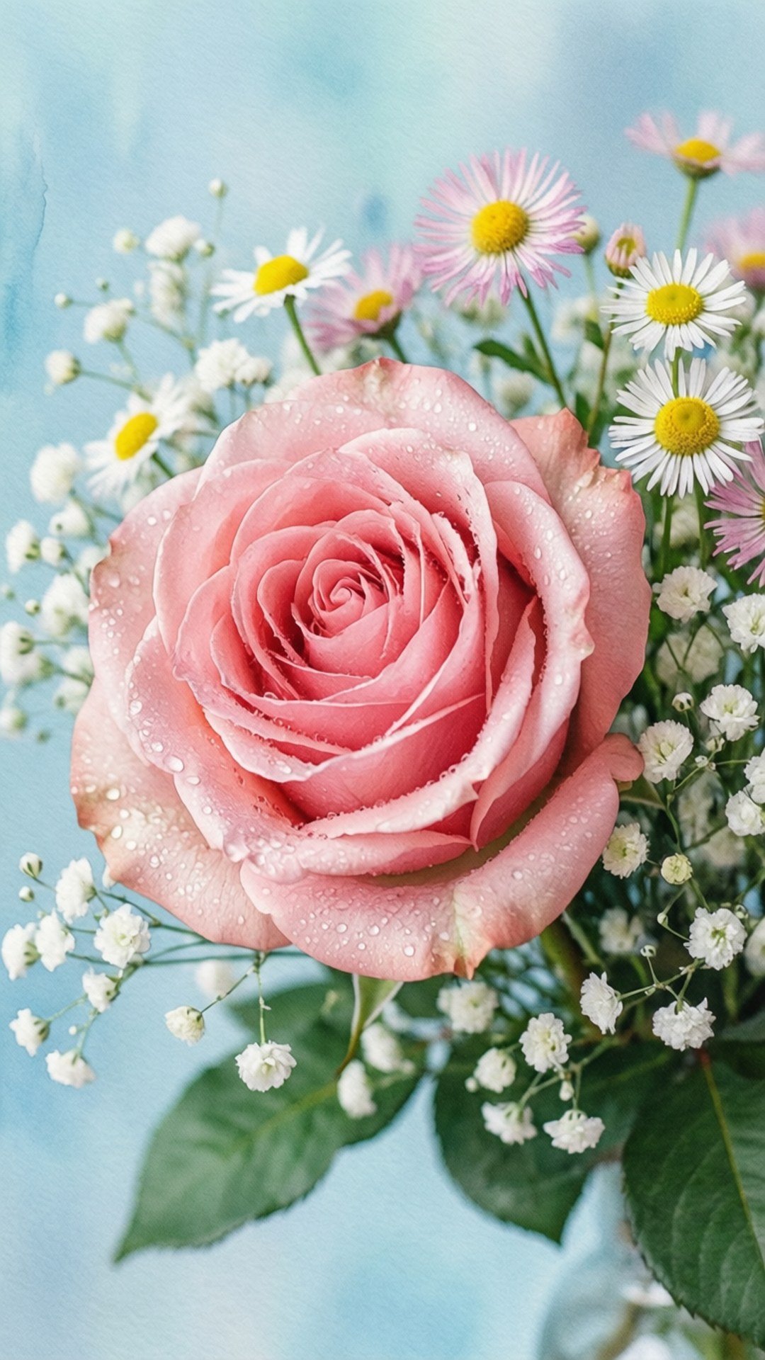 delicate pink rose, dew drops, white daisies, Full HD Phone Wallpaper
