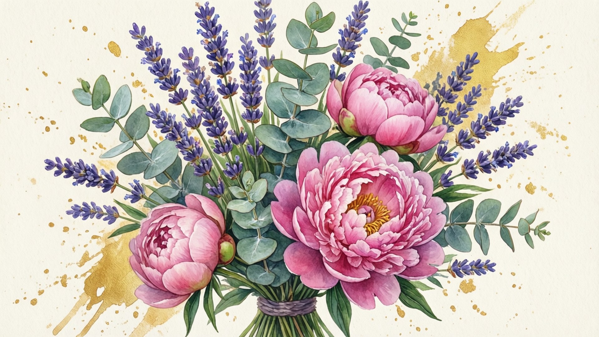 lavender peonies, pink peonies, eucalyptus, Full HD Desktop Wallpaper