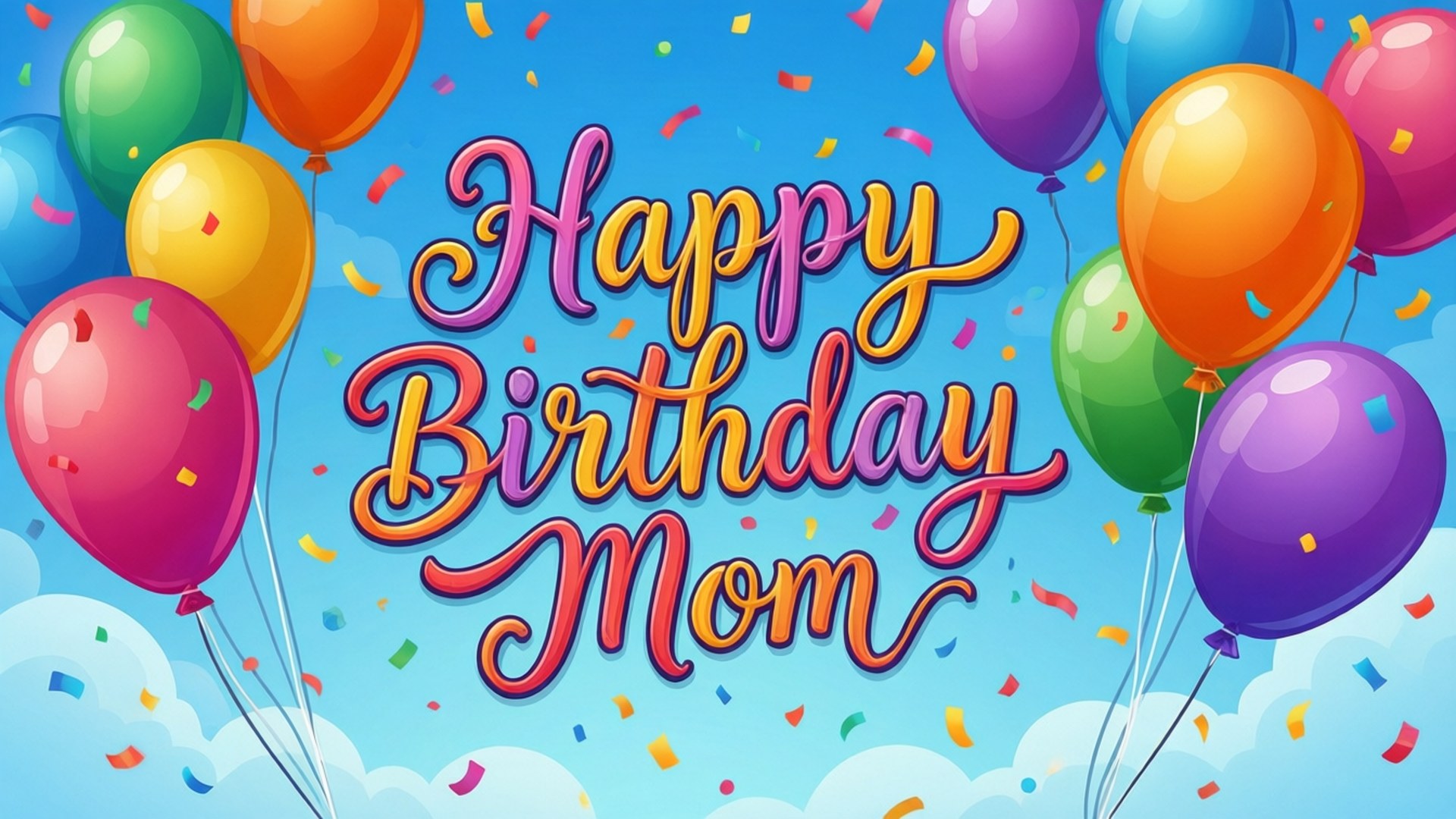 Happy Birthday Mom, vibrant birthday balloons, confetti, Full HD Desktop Wallpaper