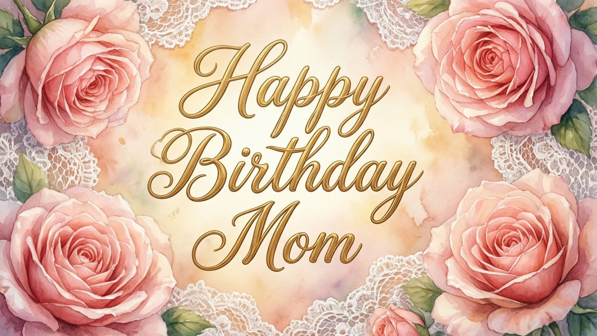 Elegant Rose Birthday Mom, Golden cursive text, Happy Birthday Mom, Full HD Desktop Wallpaper