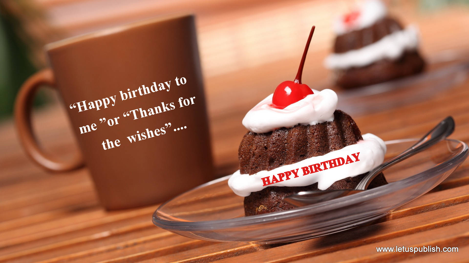 chocolate birthday cake, whipped cream cherry, red banner, Full HD Desktop Wallpaper
