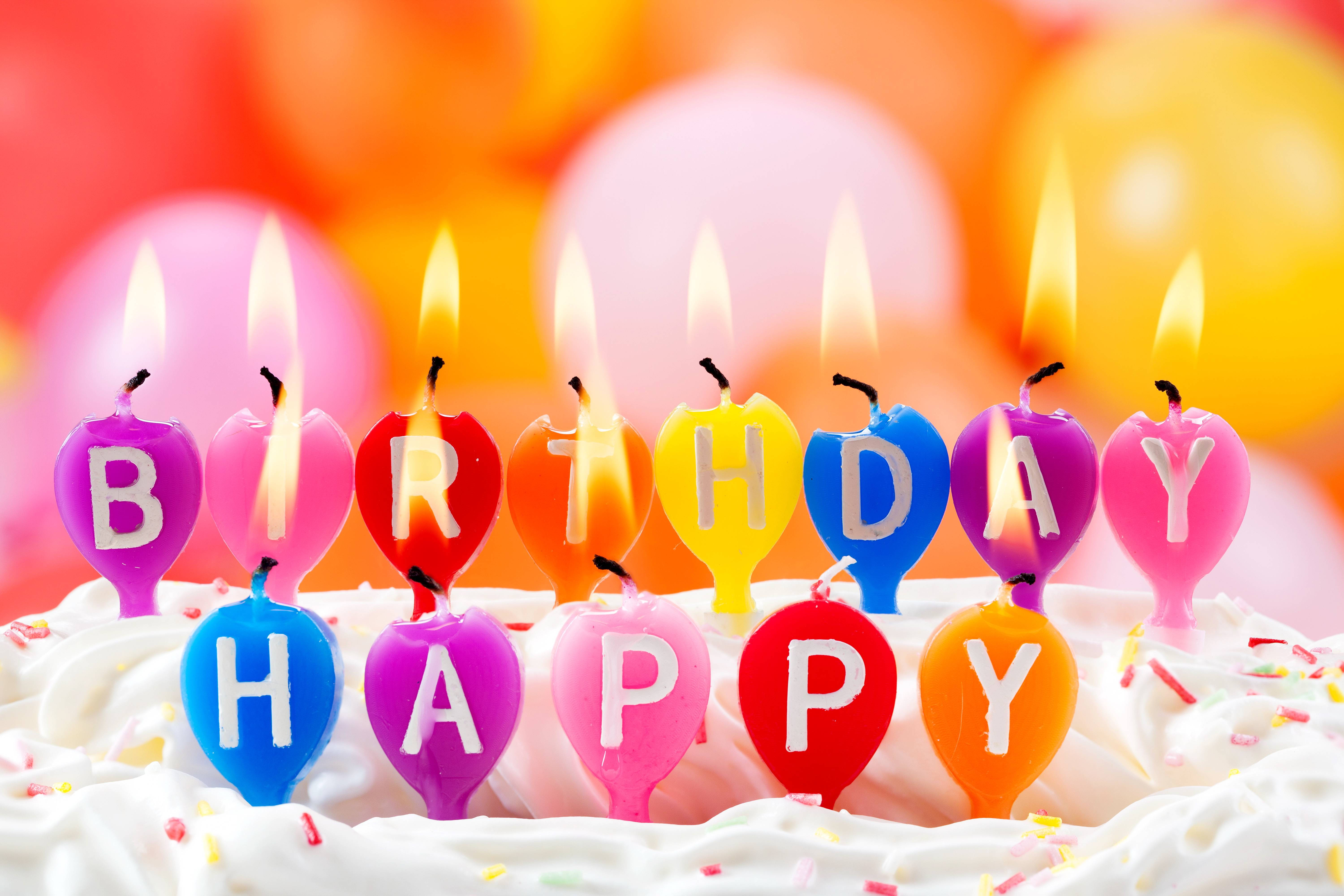 HAPPY BIRTHDAY, heart-shaped birthday candles, frosted cake, 5K Desktop Wallpaper