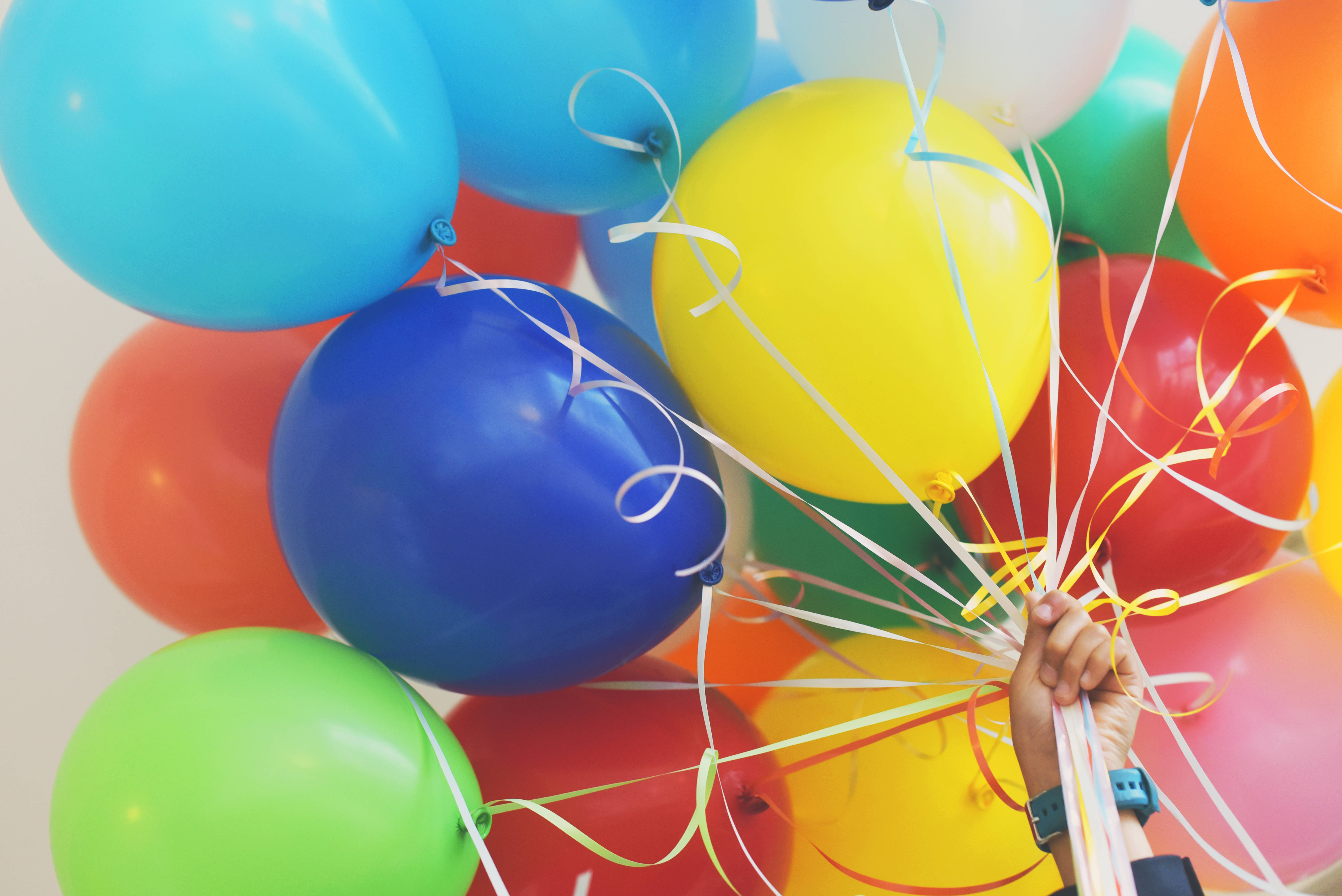 Happy Birthday Balloons, colorful balloons, ribbons, 5K Desktop Wallpaper