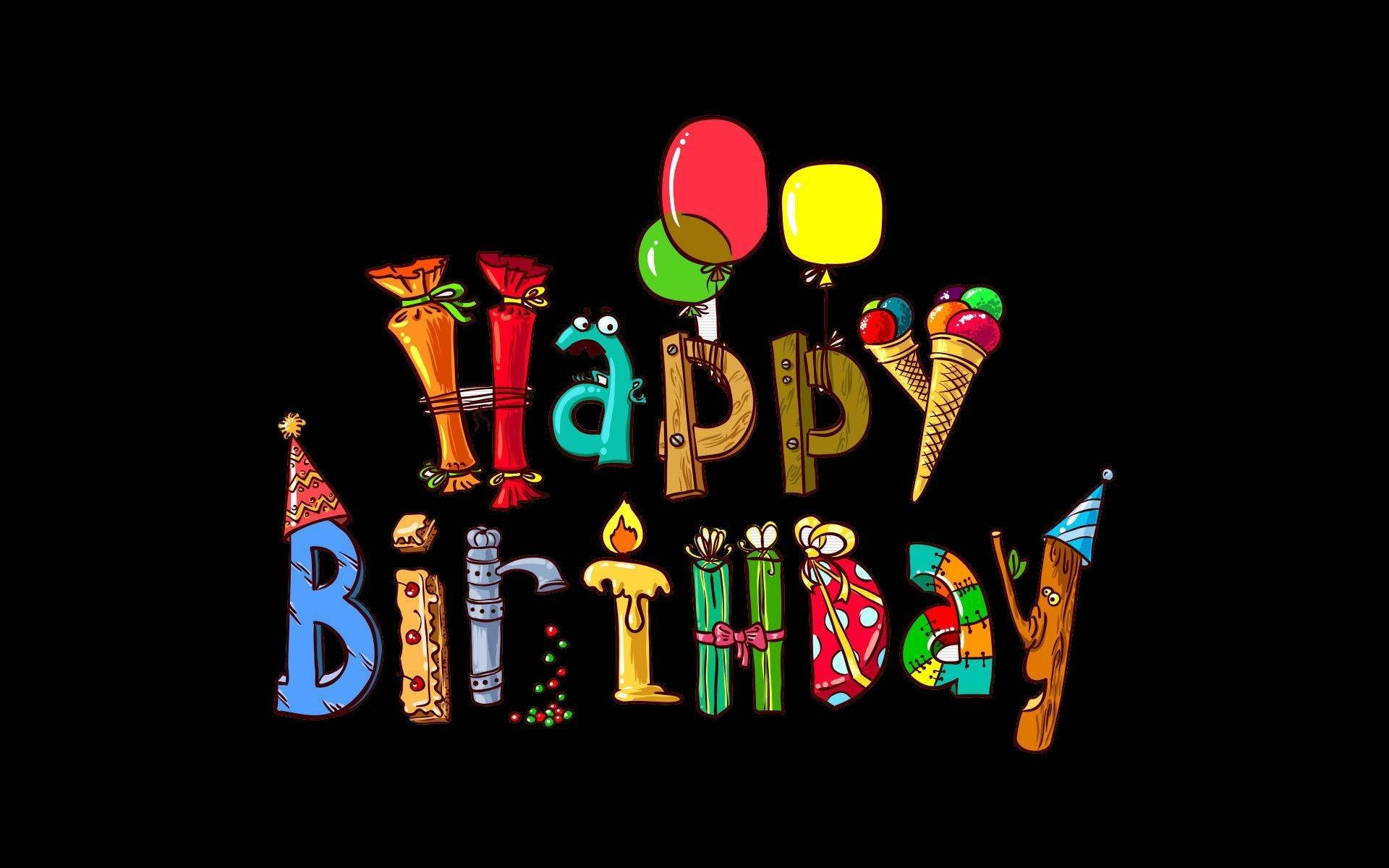 Happy Birthday, colorful cartoon letters, balloons, Full HD Desktop Wallpaper