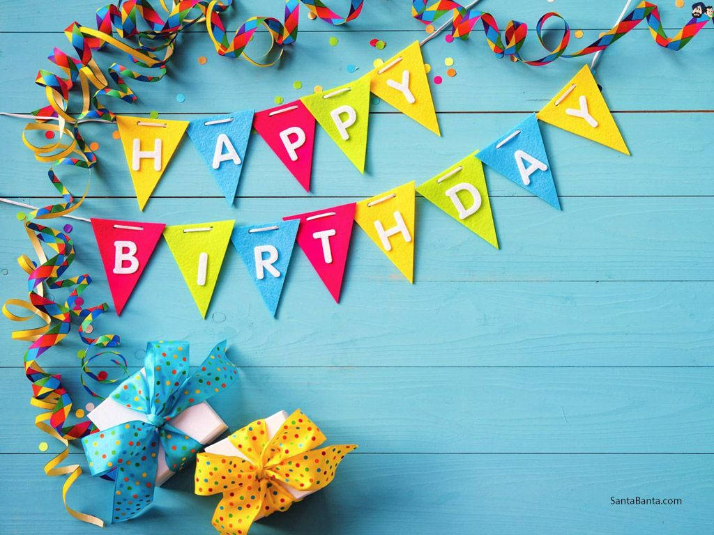 Happy Birthday, colorful birthday banner, gift boxes, SD Desktop Wallpaper