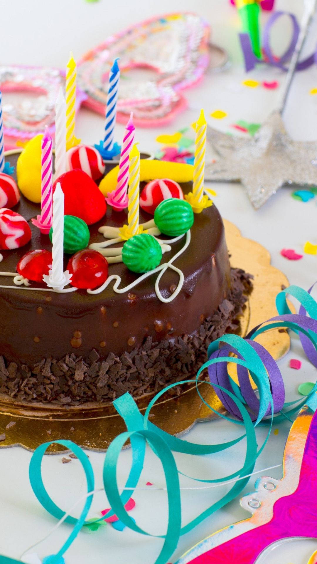 Happy Birthday Cake, chocolate birthday cake, colorful candles, Full HD Phone Wallpaper