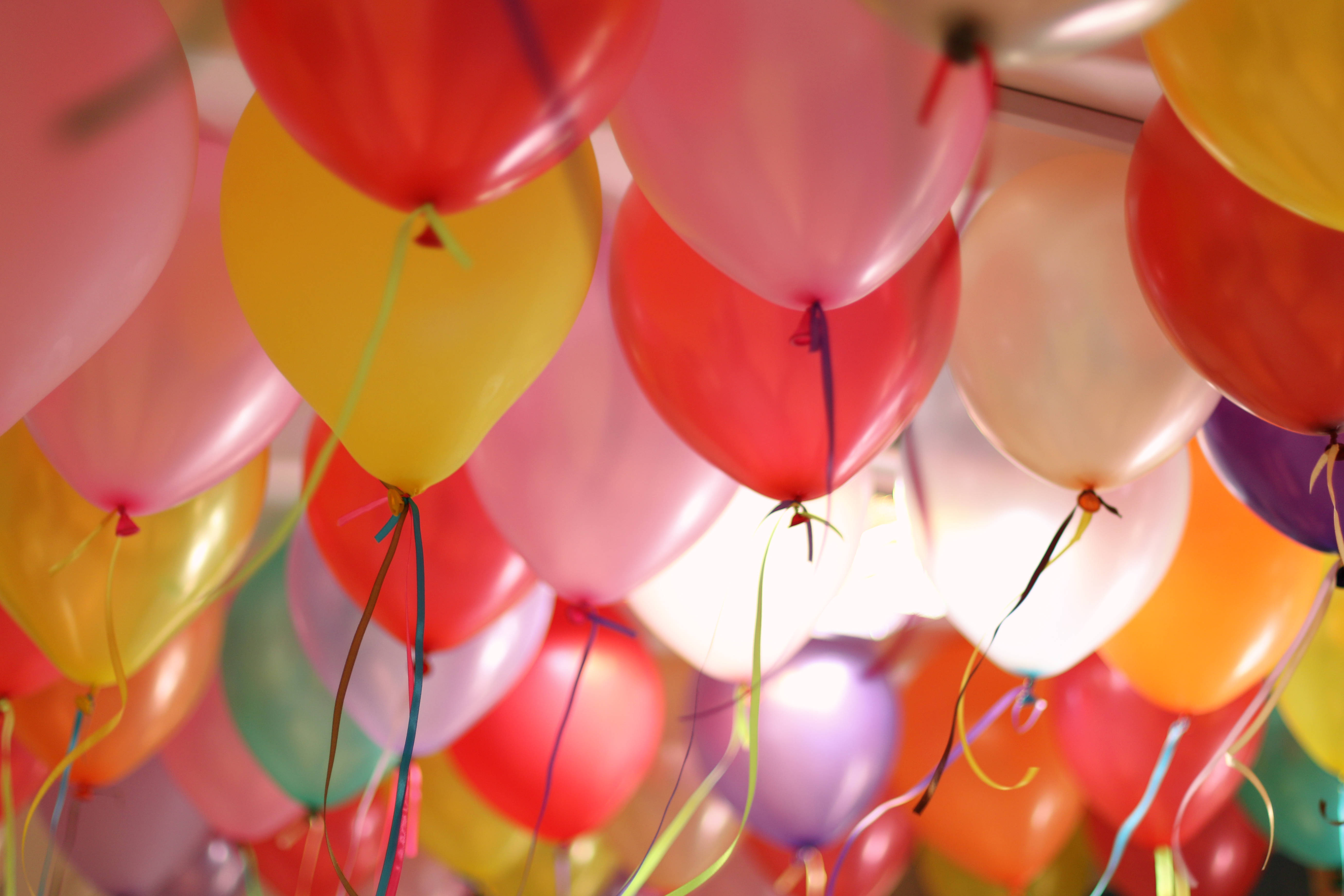 colorful latex balloons, ribbons, festive celebration, 5K Desktop Wallpaper
